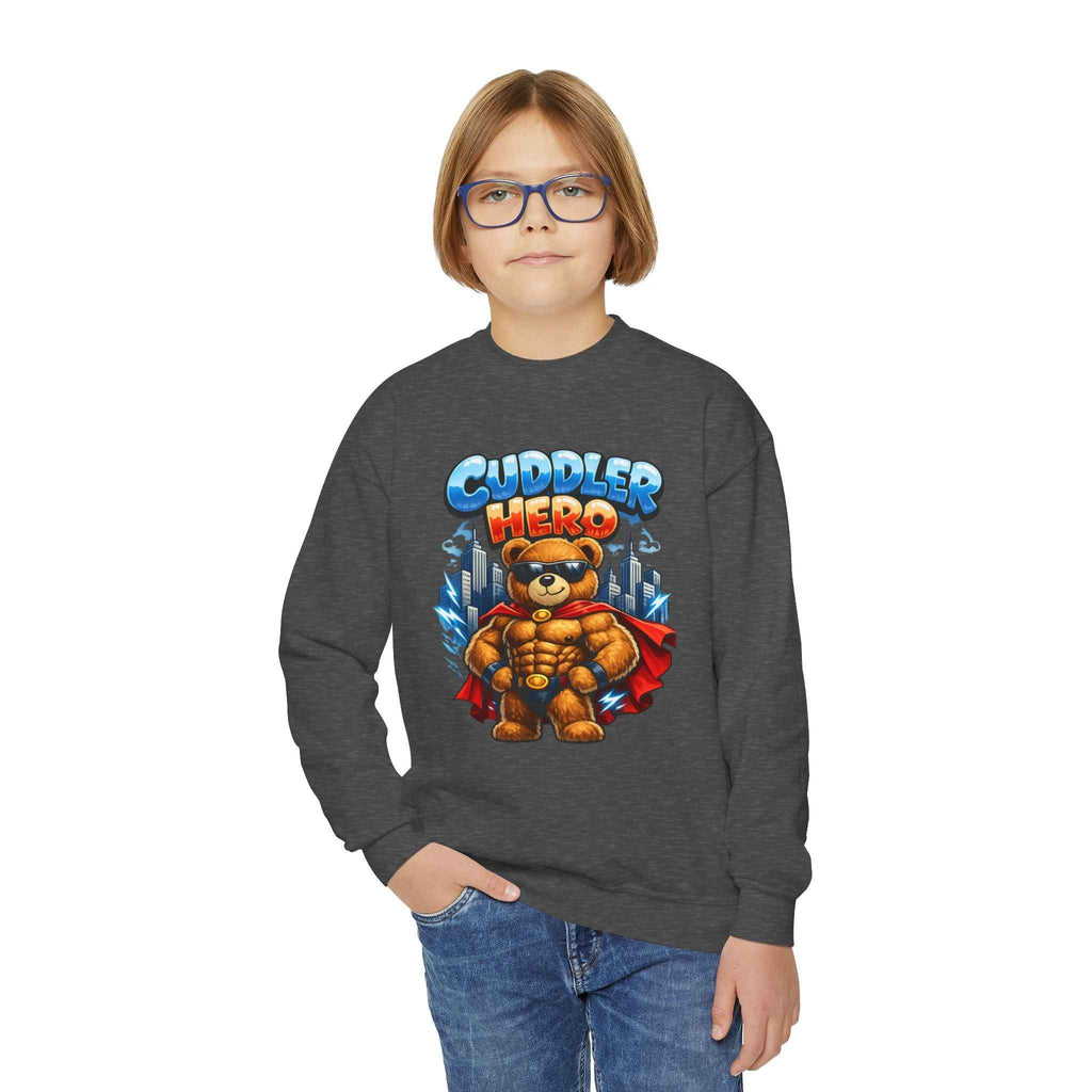 Cuddler Hero Kids Sweatshirt — Cute Superhero Teddy Crewneck