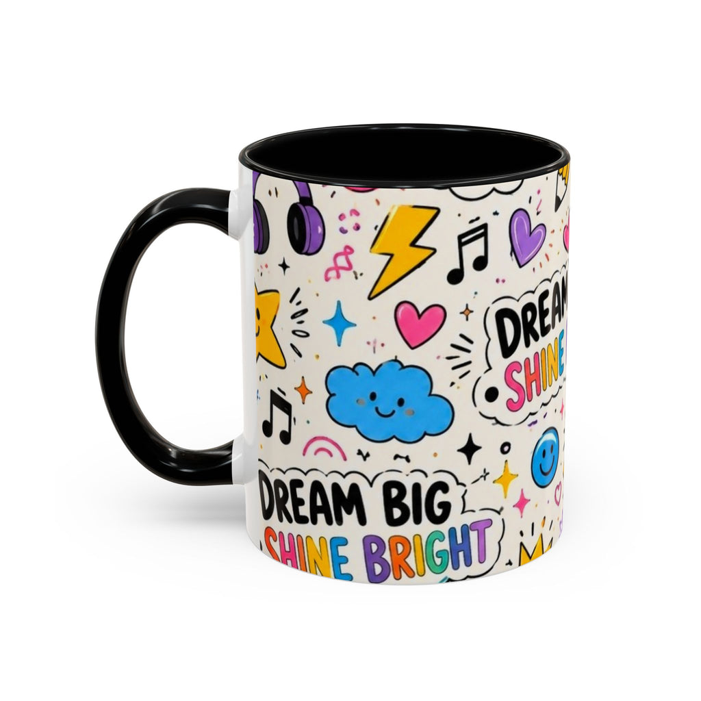 Dream Big Shine Bright Accent Mug — Inspirational Rainbow Doodle Coffee Cup