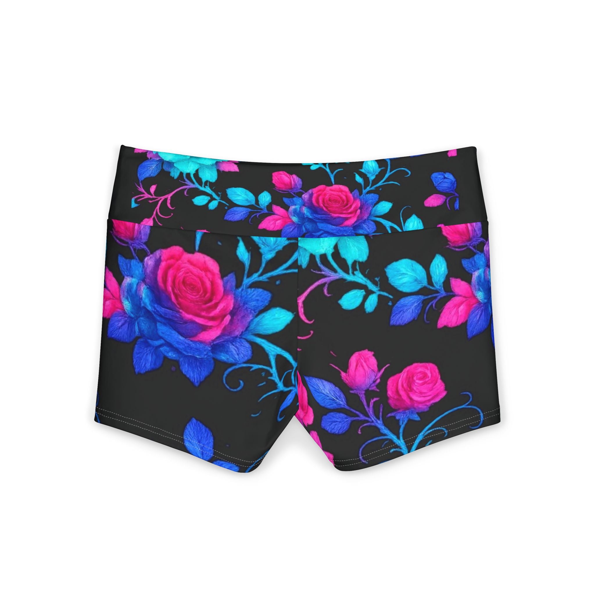 Neon Floral Yoga Shorts — Women's High-Waist Athletic Hotpants