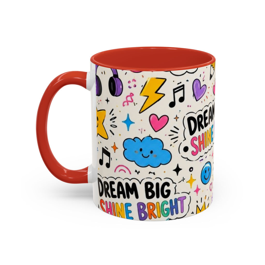 Dream Big Shine Bright Accent Mug — Inspirational Rainbow Doodle Coffee Cup