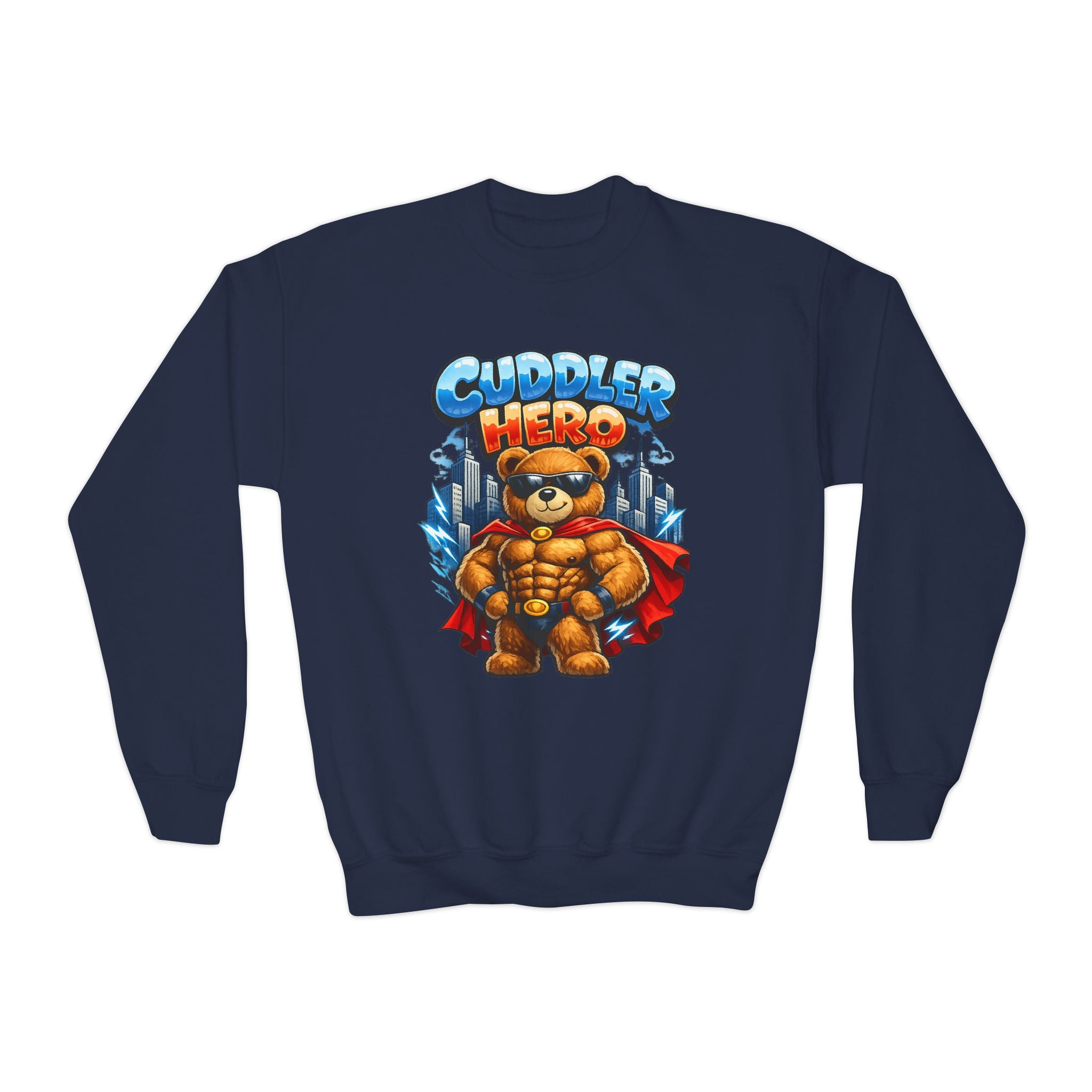 Cuddler Hero Kids Sweatshirt — Cute Superhero Teddy Crewneck