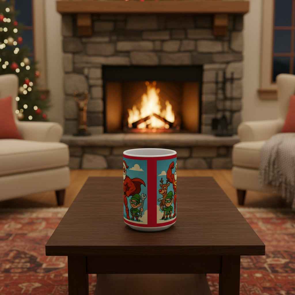 Christmas Santa Mug - Festive Superhero Santa & Elves 15oz Ceramic Coffee Cup for Holiday Cheer