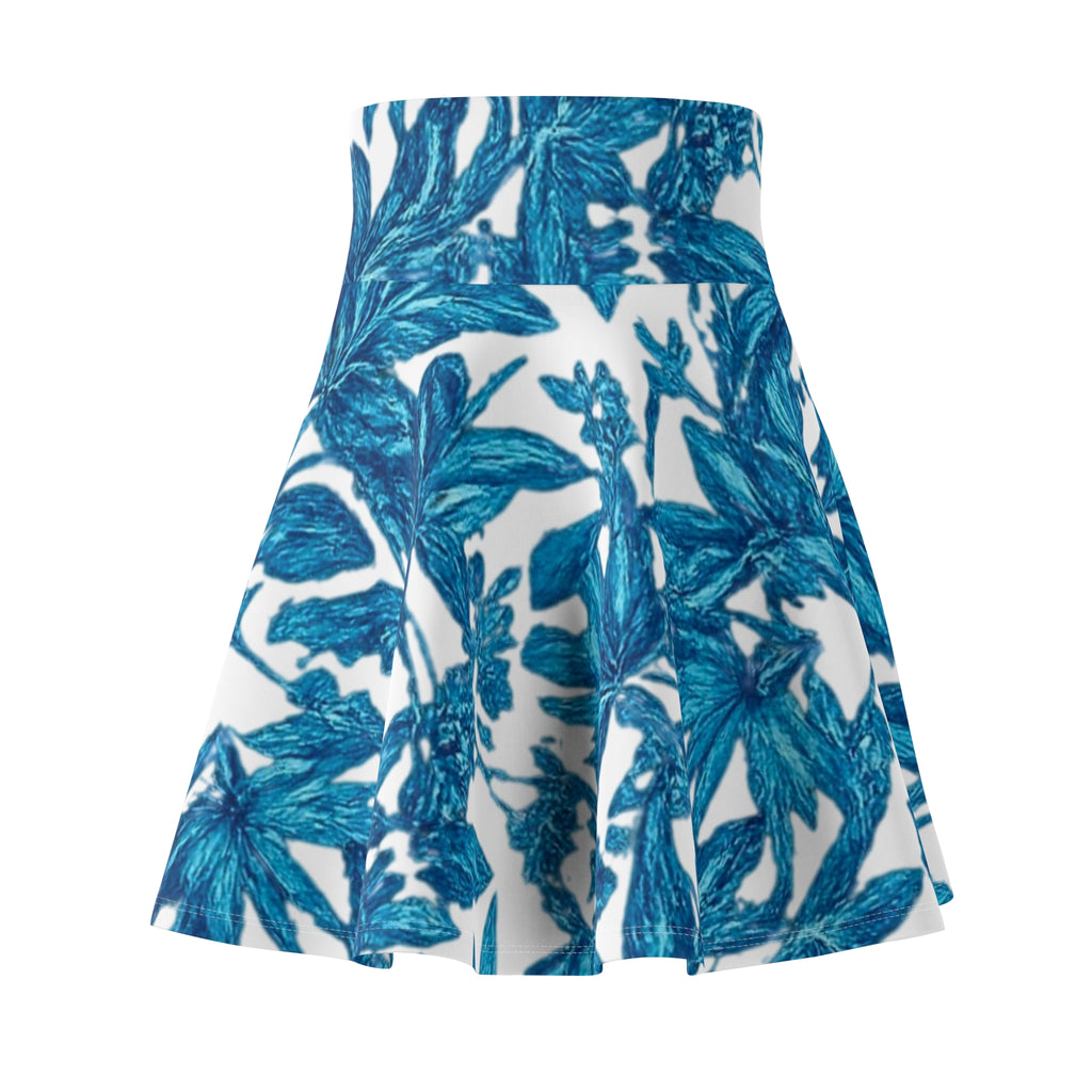 Blue Floral Skater Skirt with Watercolor Palm Print for Casual Summer Wear