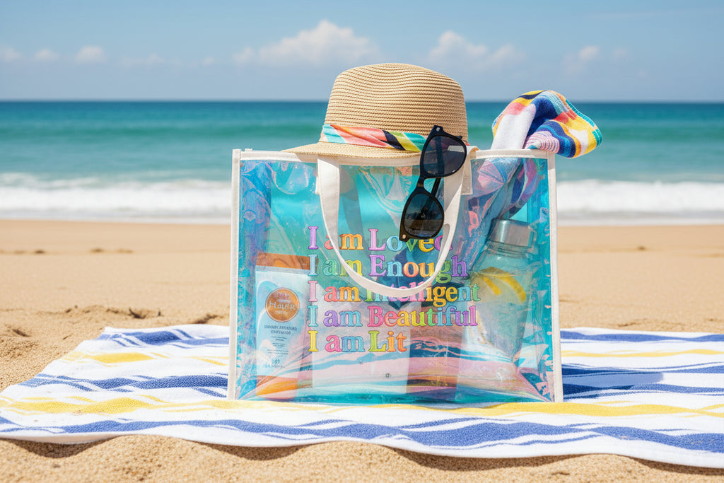 Holographic Beach Tote — "I am Loved, I am Enough" Inspirational Clear Bag