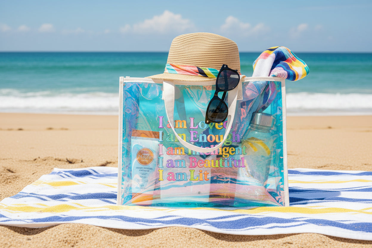 Holographic Beach Tote — "I am Loved, I am Enough" Inspirational Clear Bag