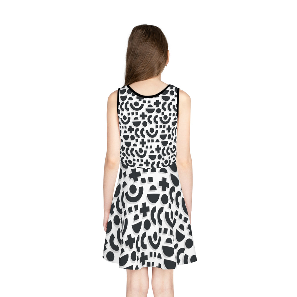 Girls Black and White Sundress with Geometric Circle and Cross Pattern