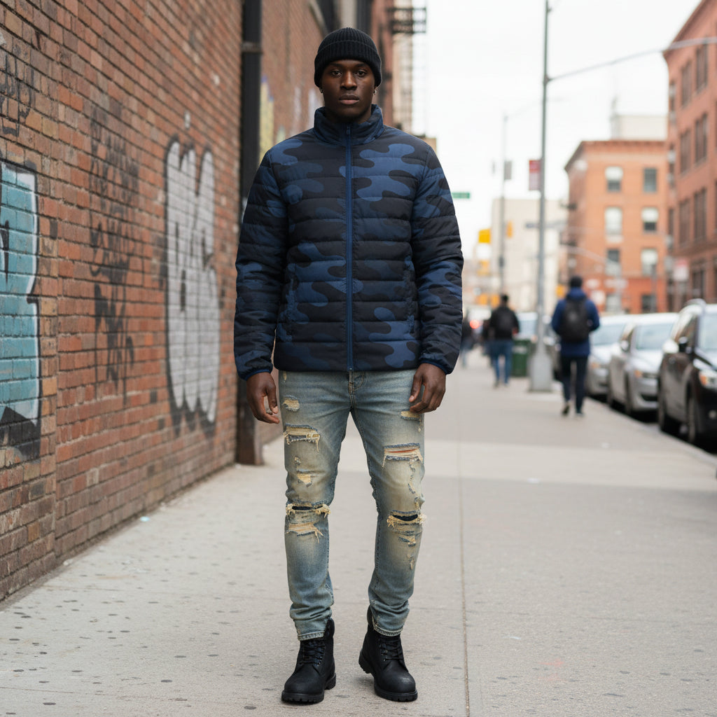 Men's Blue Camo Puffer Jacket - IAKAM