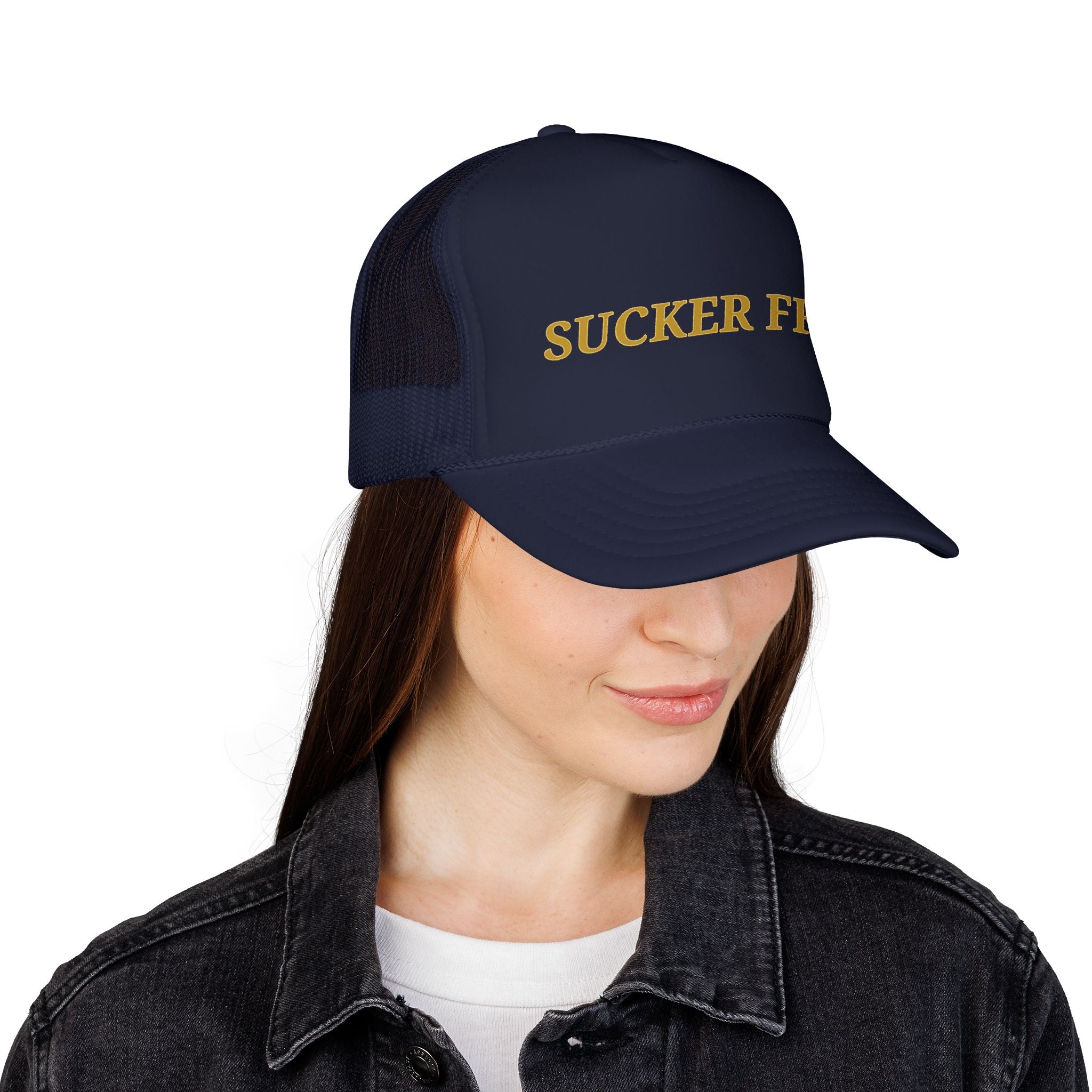 Sucker Free Trucker Hat — Vintage Gold Embroidered Foam Cap
