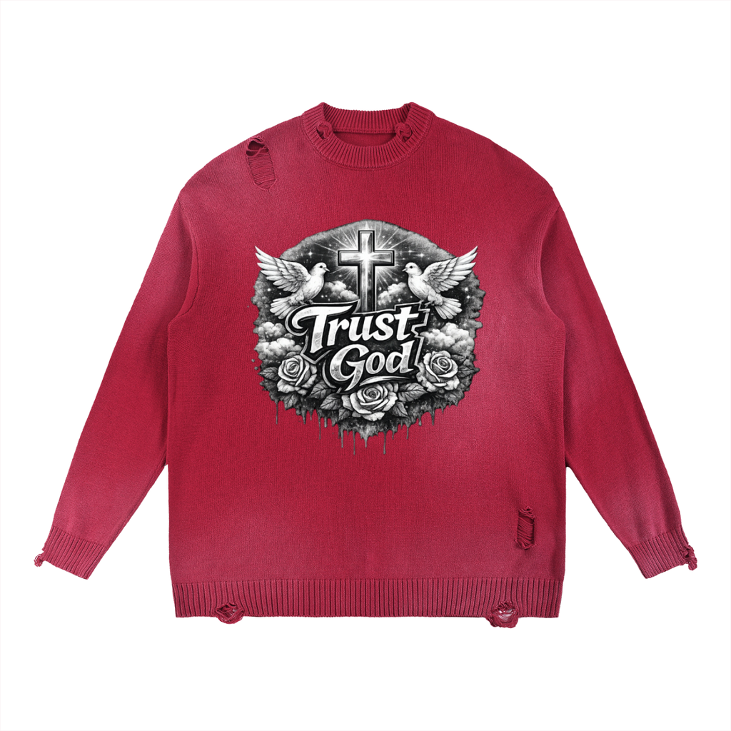 Trust God Sun Fade Distressed Ripped Crewneck sweater