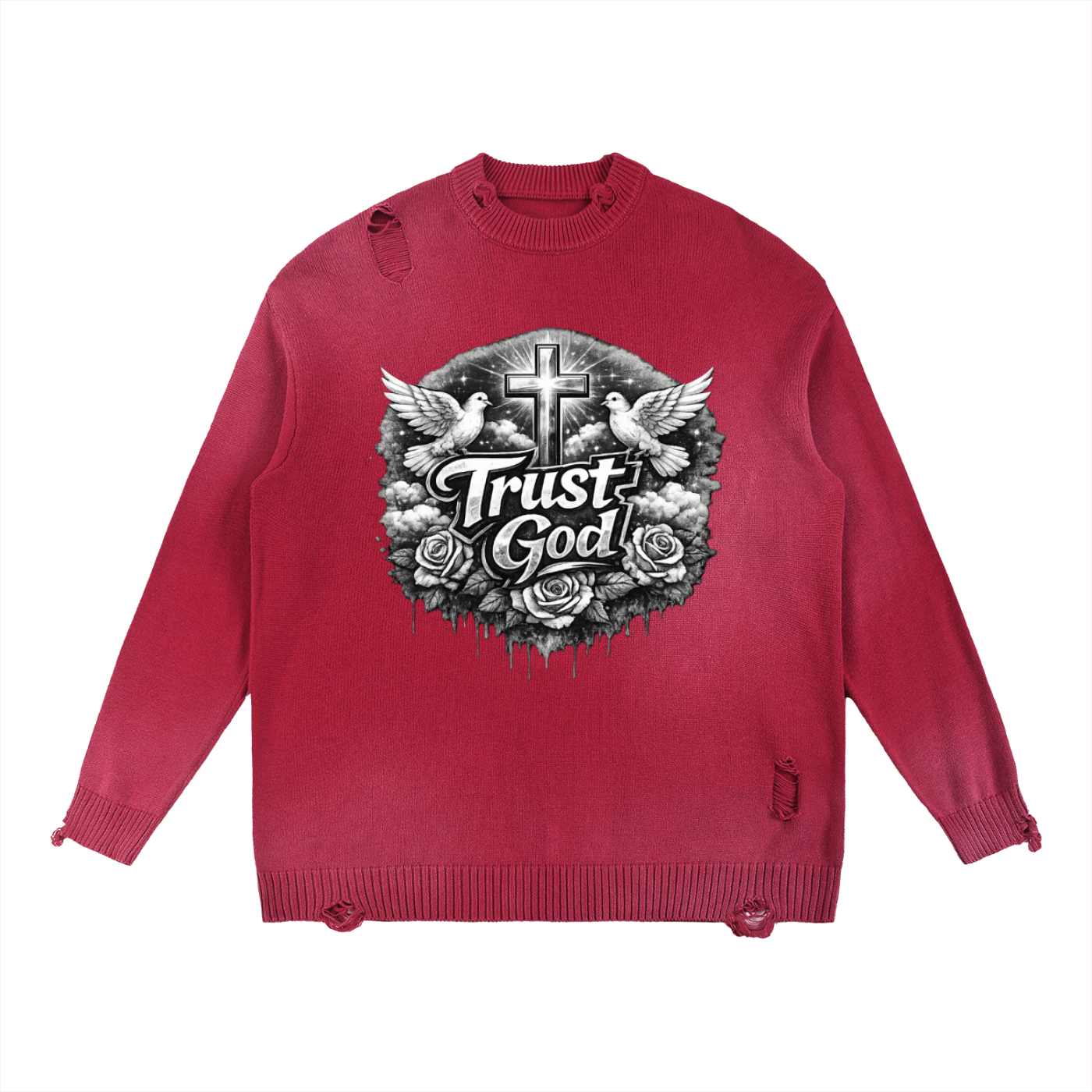 Trust God Sun Fade Distressed Ripped Crewneck sweater
