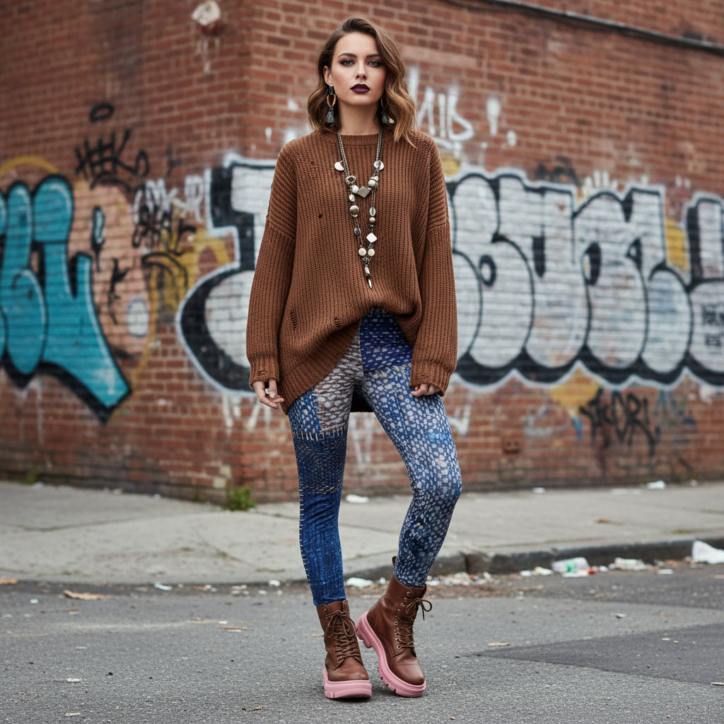 Stretchy Leggings Denim Print - IAKAM