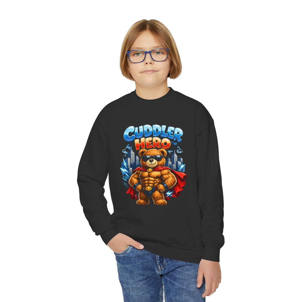 Cuddler Hero Kids Sweatshirt — Cute Superhero Teddy Crewneck