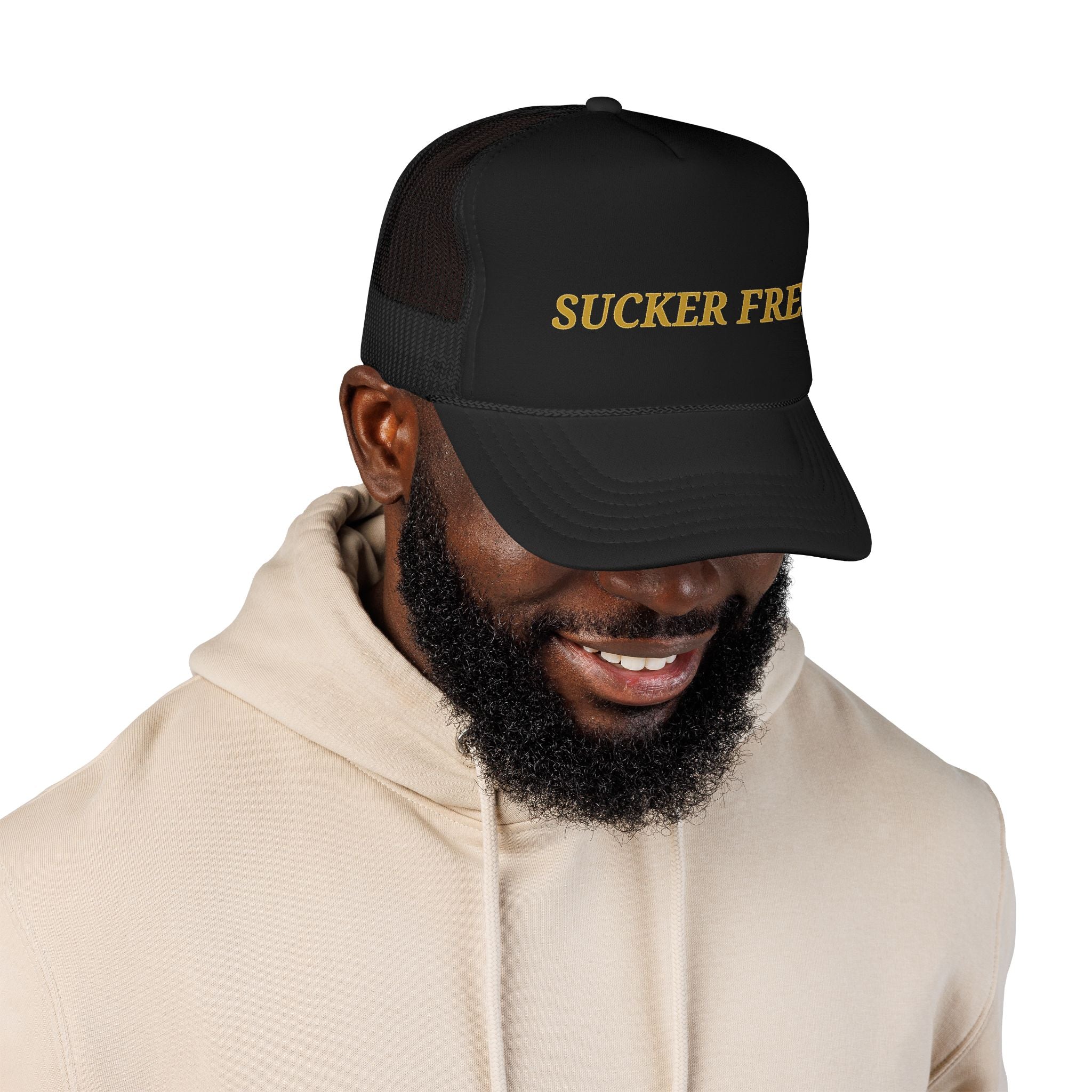 Sucker Free Trucker Hat — Vintage Gold Embroidered Foam Cap