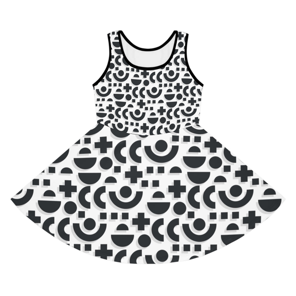 Girls Black and White Sundress with Geometric Circle and Cross Pattern