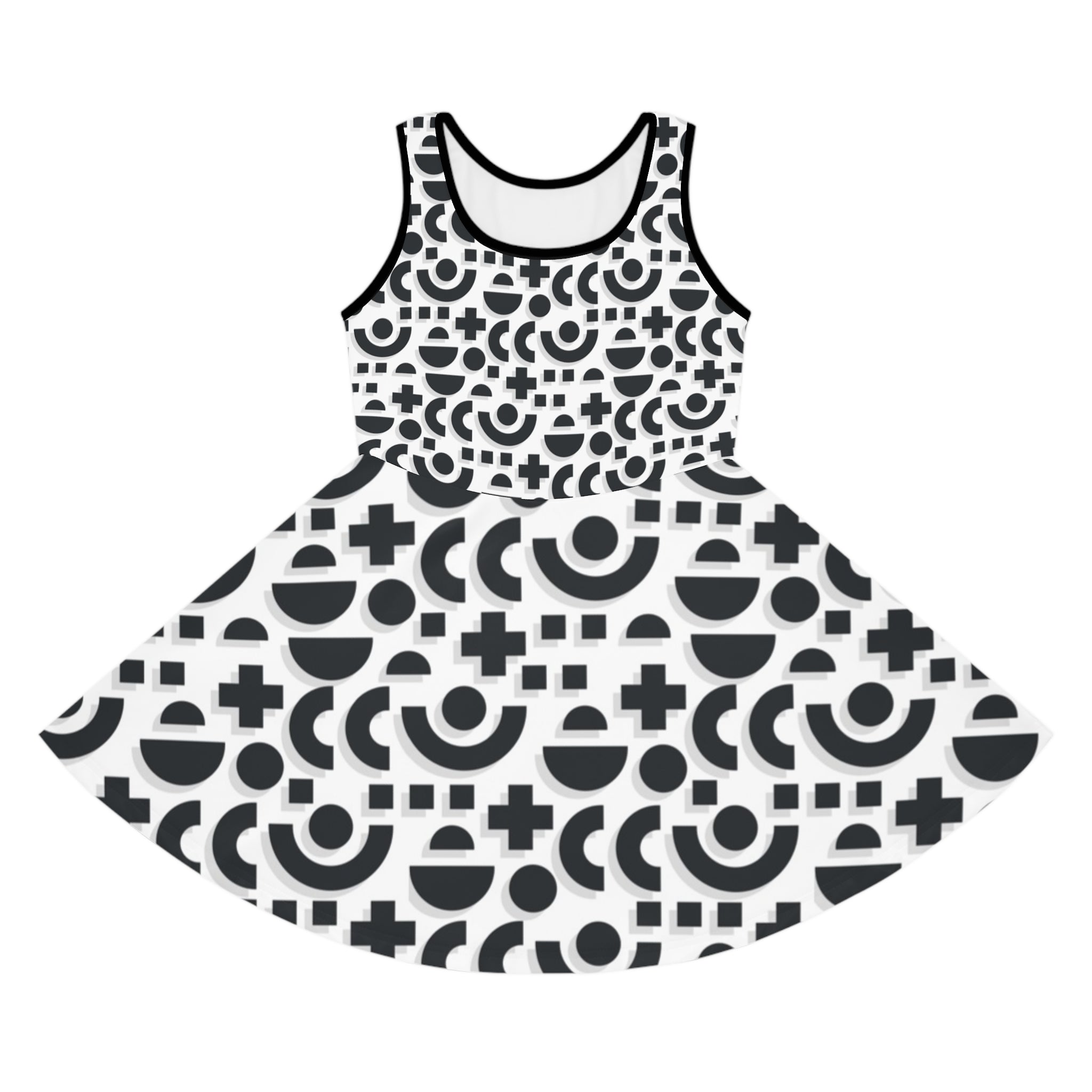 Girls Black and White Sundress with Geometric Circle and Cross Pattern