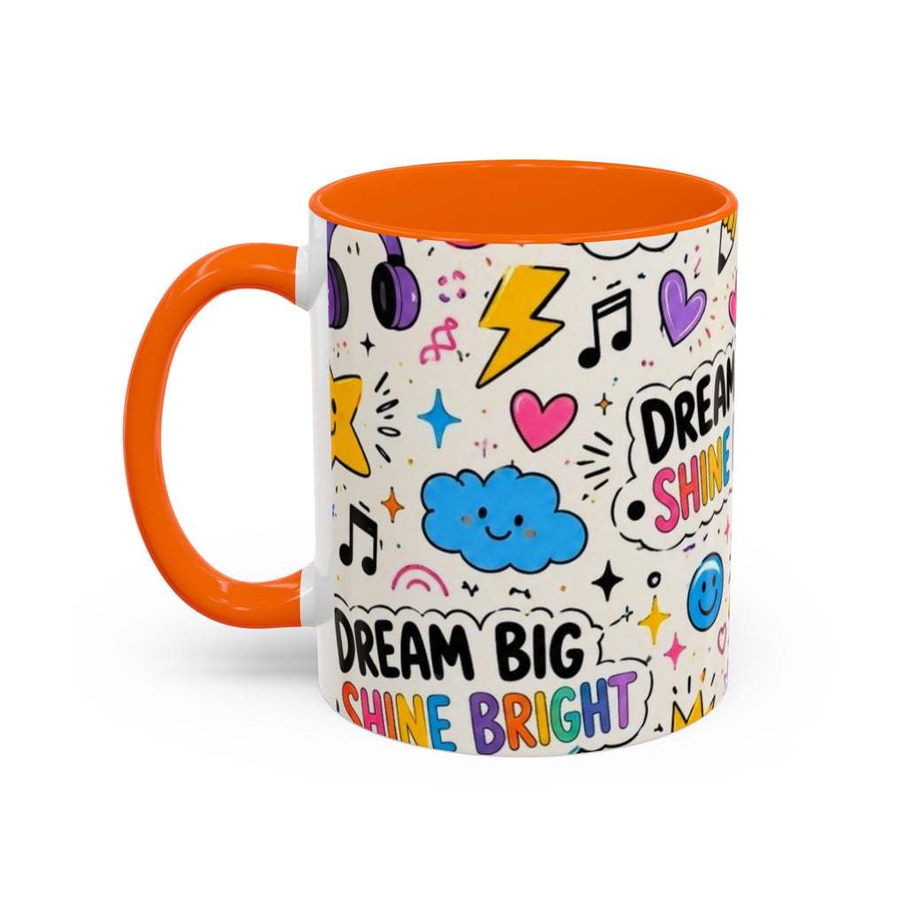 Dream Big Shine Bright Accent Mug — Inspirational Rainbow Doodle Coffee Cup