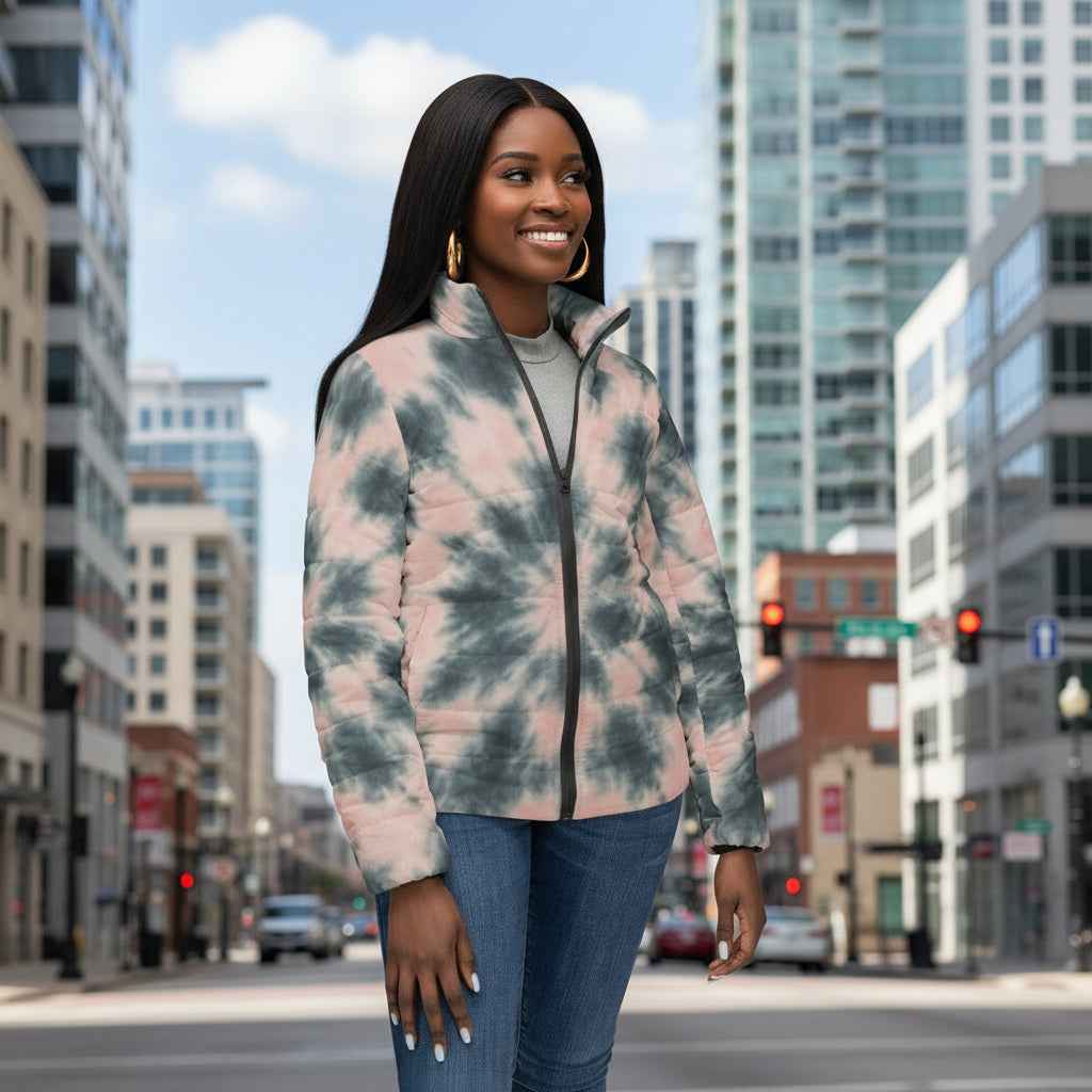 Tie-Dye Spiral Women’s Puffer Jacket — Cozy Pink & Slate Outdoor Coat