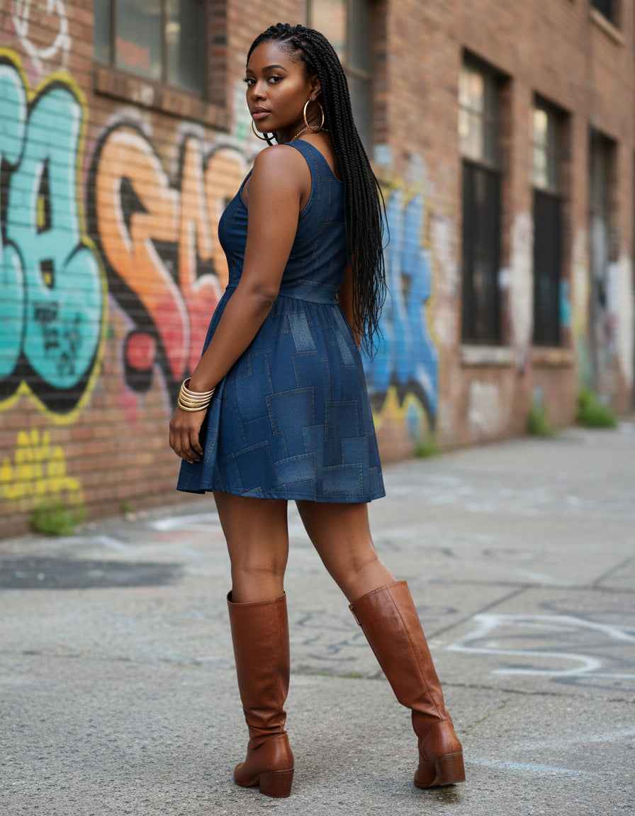 Denim Patch Womens Scoop Neck Skater Dress