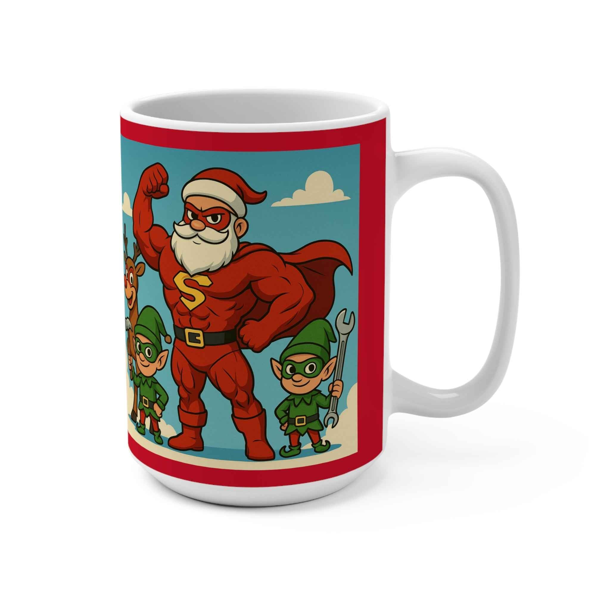 Christmas Santa Mug - Festive Superhero Santa & Elves 15oz Ceramic Coffee Cup for Holiday Cheer