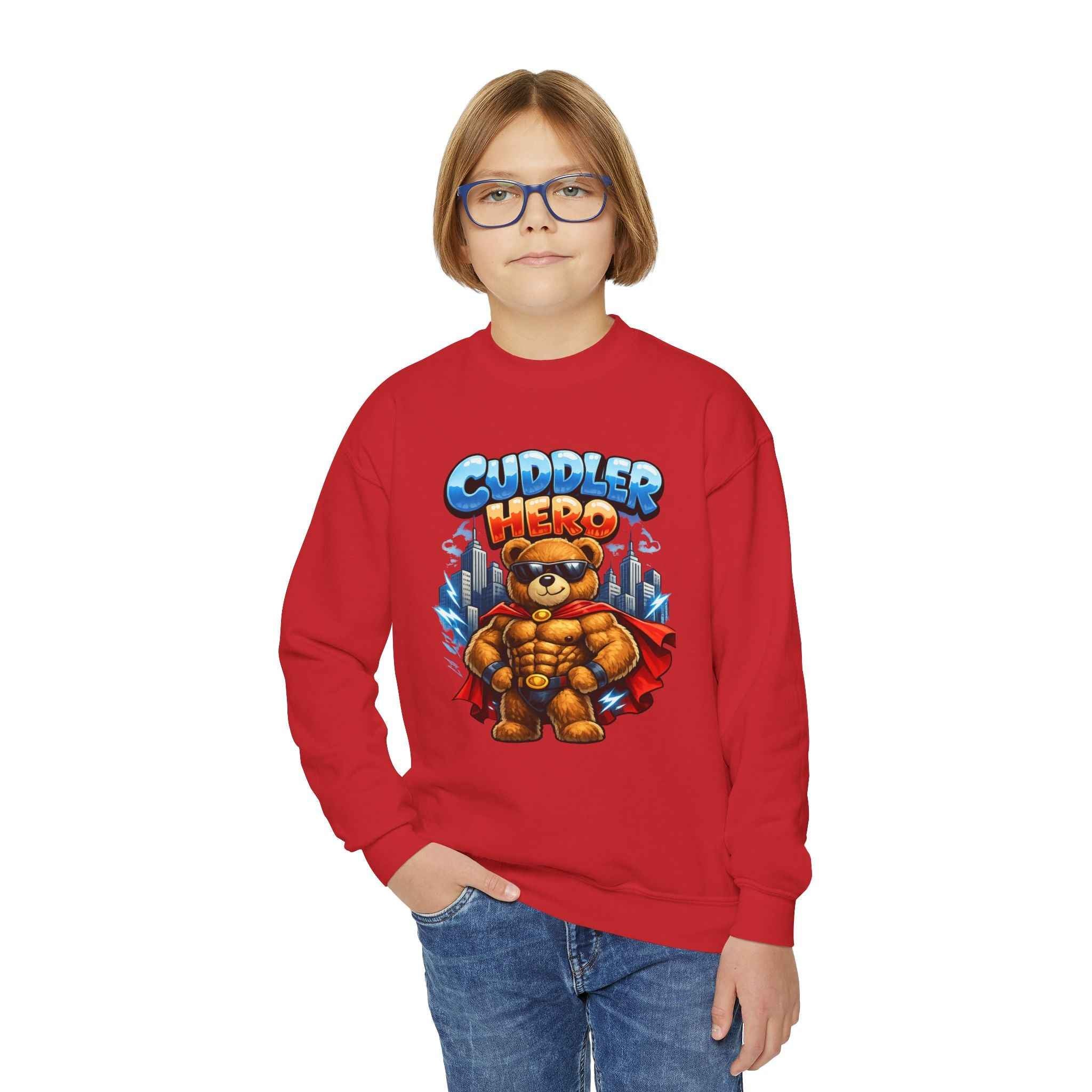 Cuddler Hero Kids Sweatshirt — Cute Superhero Teddy Crewneck