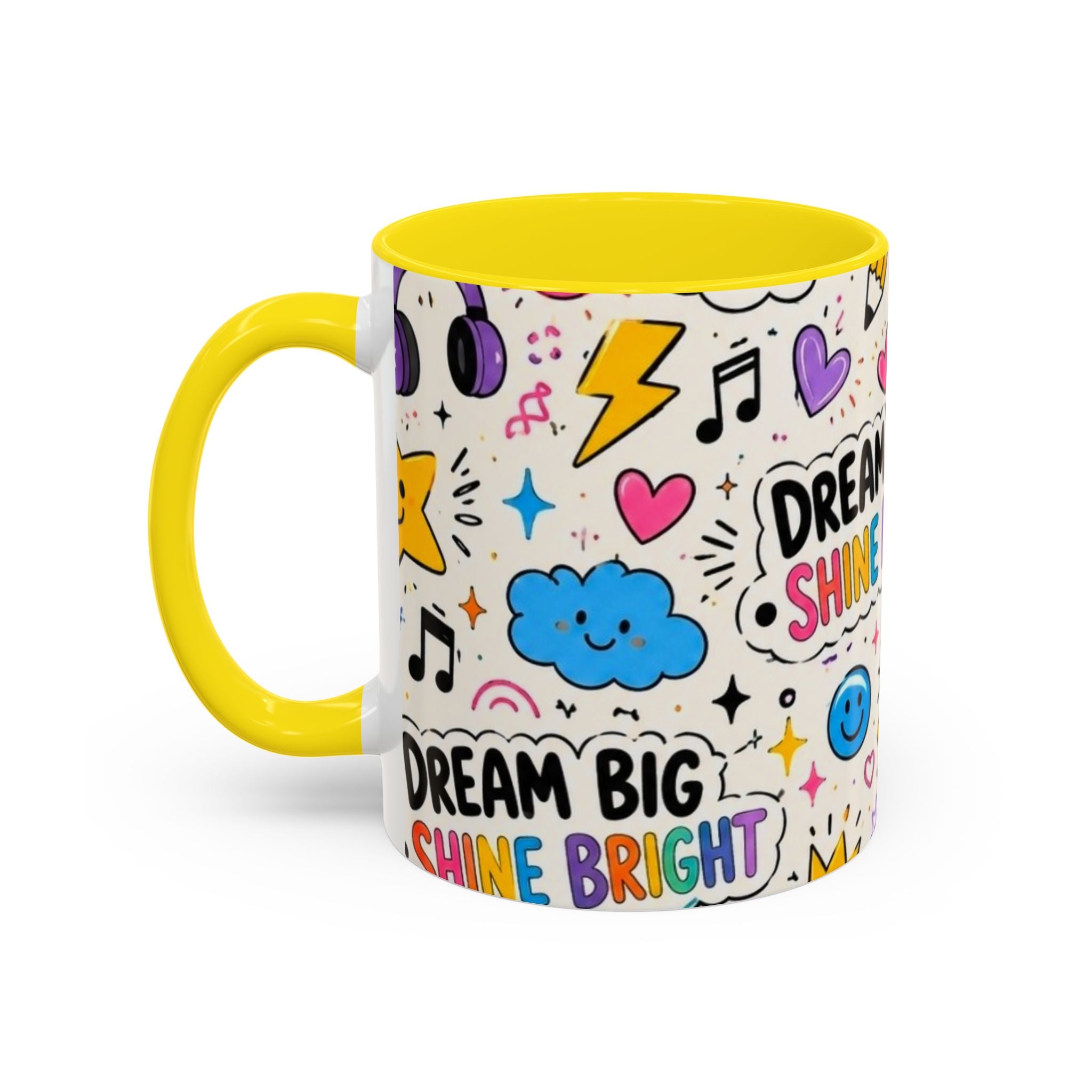 Dream Big Shine Bright Accent Mug — Inspirational Rainbow Doodle Coffee Cup