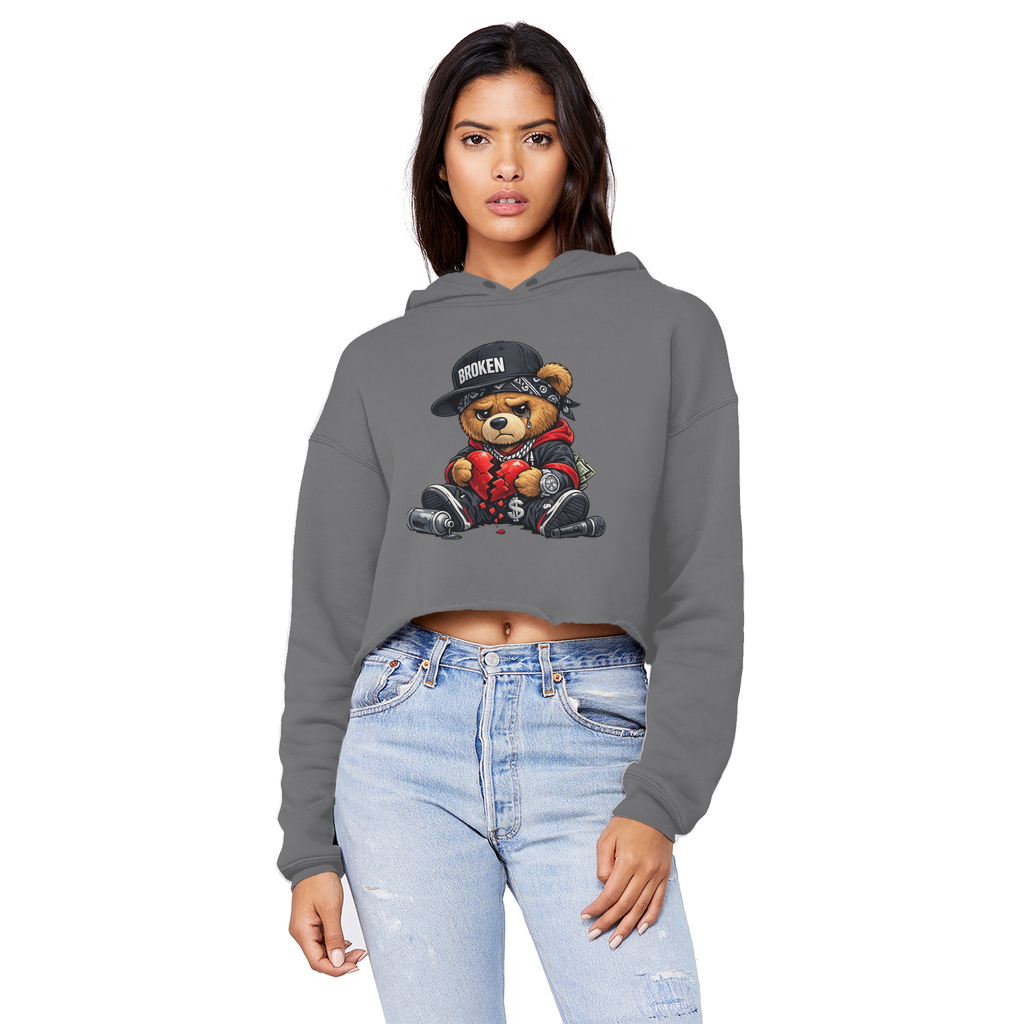 Broken Hearted Bear Cropped Raw Edge Boyfriend Hoodie