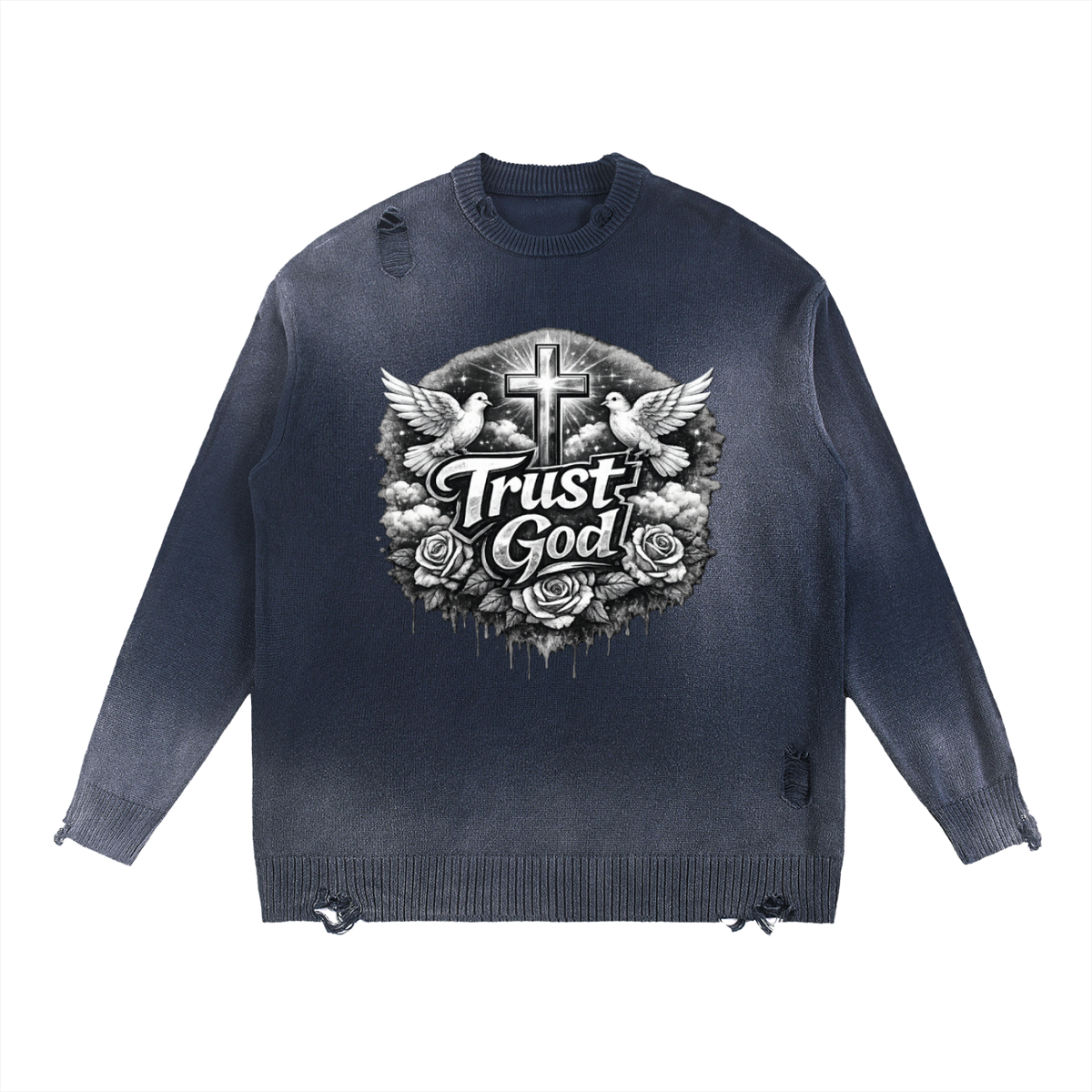 Trust God Distressed Crewneck Sweater: Embrace Your Faith in Style