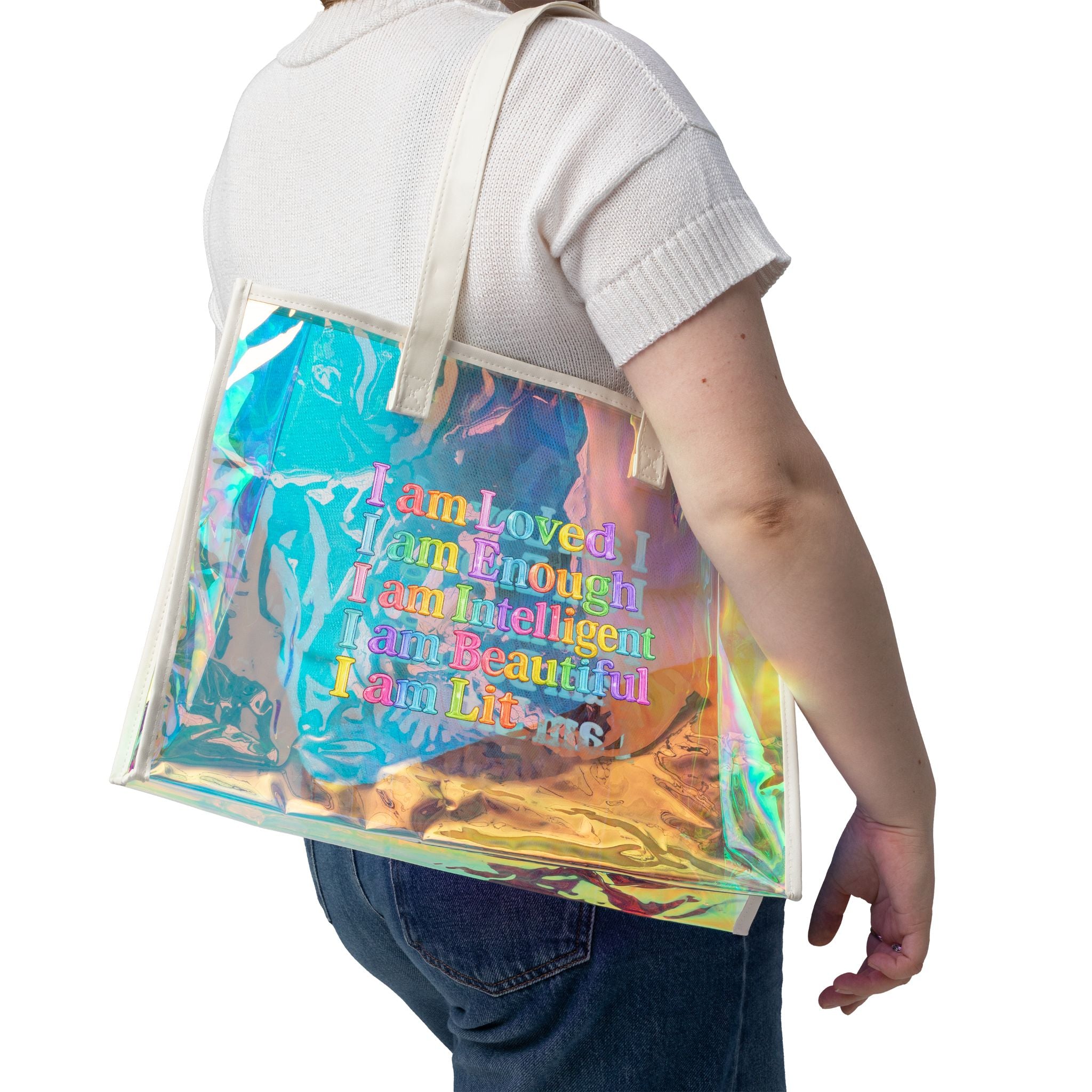 Holographic Beach Tote — "I am Loved, I am Enough" Inspirational Clear Bag