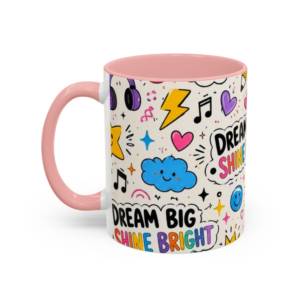 Dream Big Shine Bright Accent Mug — Inspirational Rainbow Doodle Coffee Cup