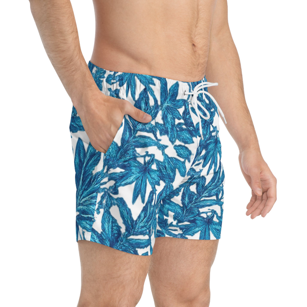 Blue Tropical Leaf Swim Trunks – All-Over Print Men's Beach Shorts for Stylish Summer Fun