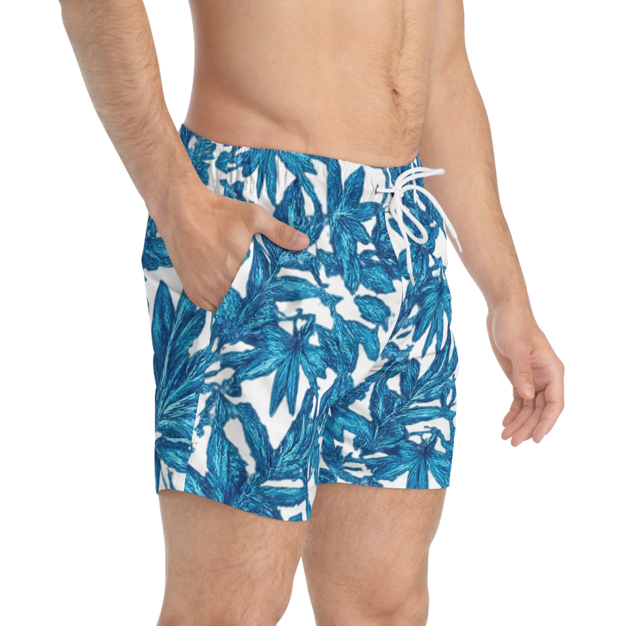 Blue Tropical Leaf Swim Trunks — All-Over Print Men’s Beach Shorts