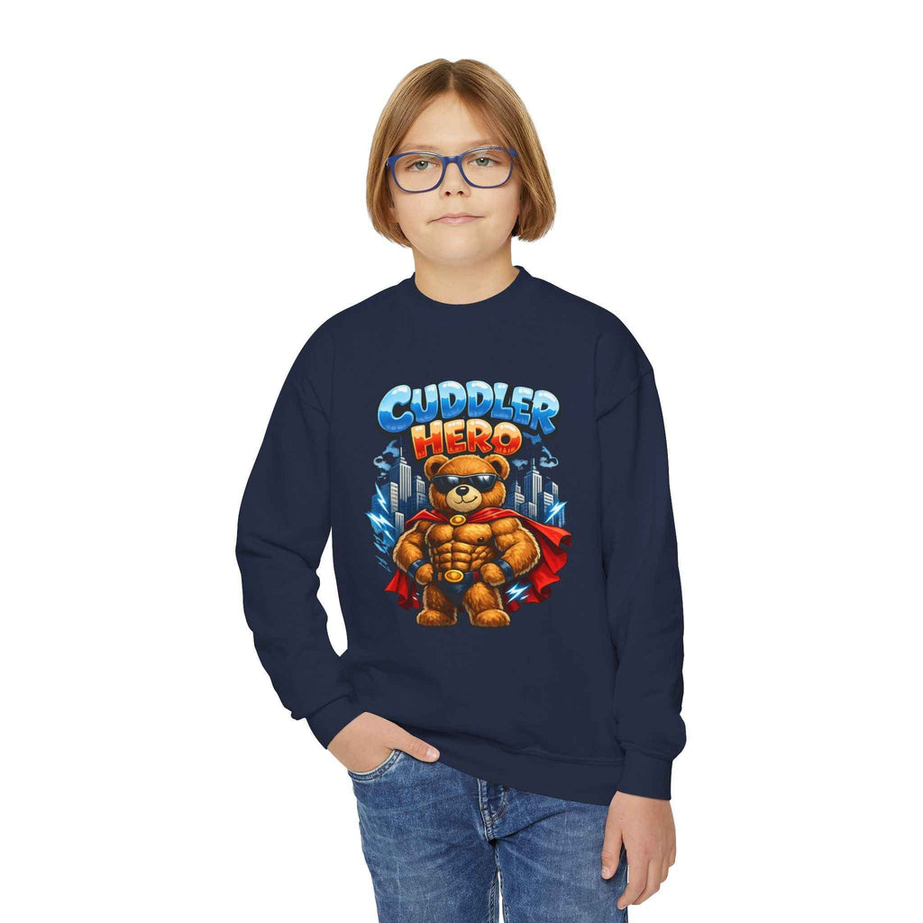 Cuddler Hero Kids Sweatshirt — Cute Superhero Teddy Crewneck