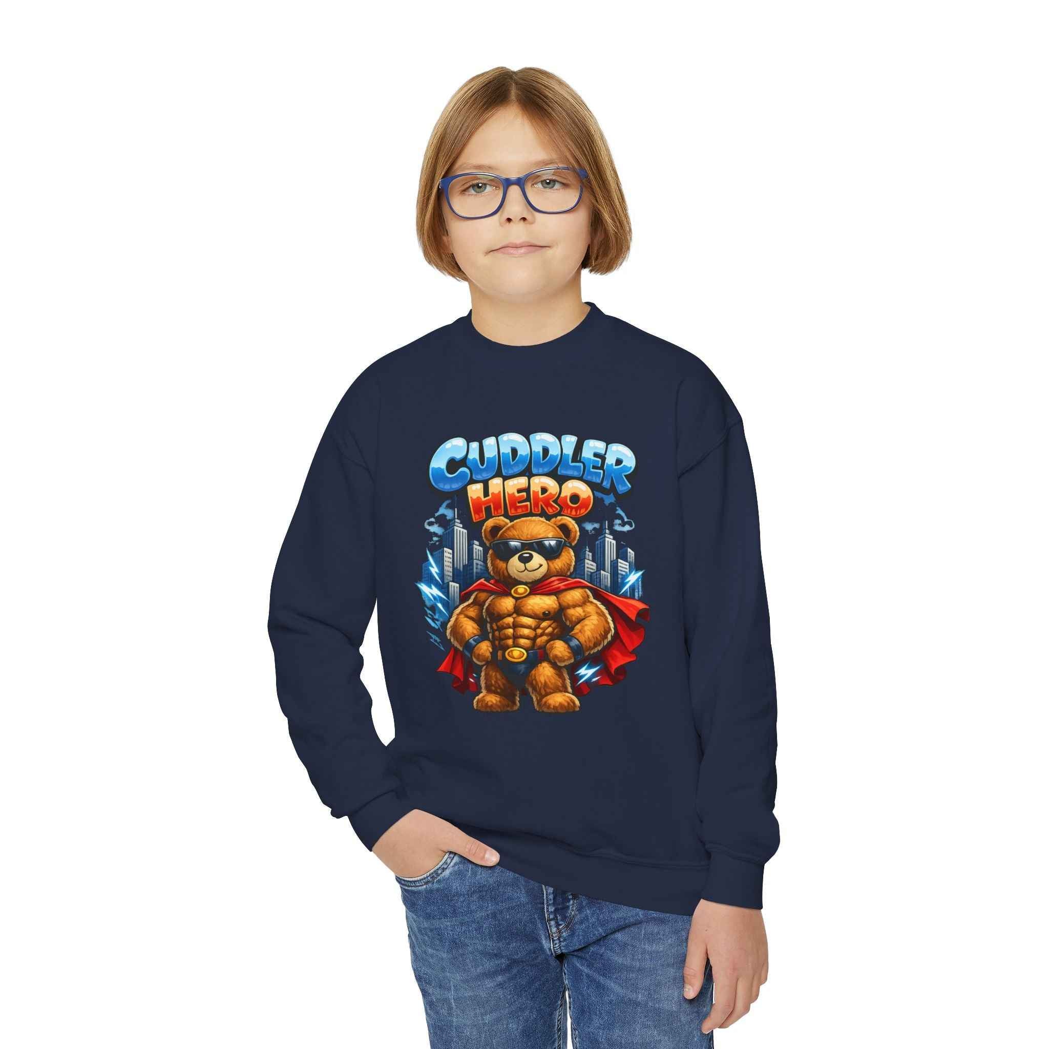 Cuddler Hero Kids Sweatshirt — Cute Superhero Teddy Crewneck