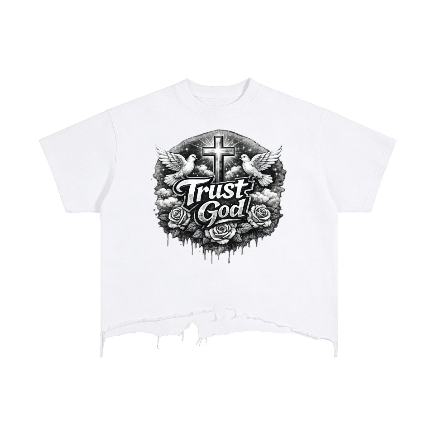 Trust God Vintage Wash Boxy Distressed Hem T-Shirt