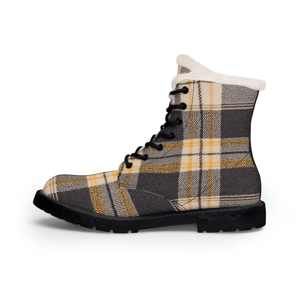 Plaid Fur-Lined Leather Boots for Cozy Winter Combat Style