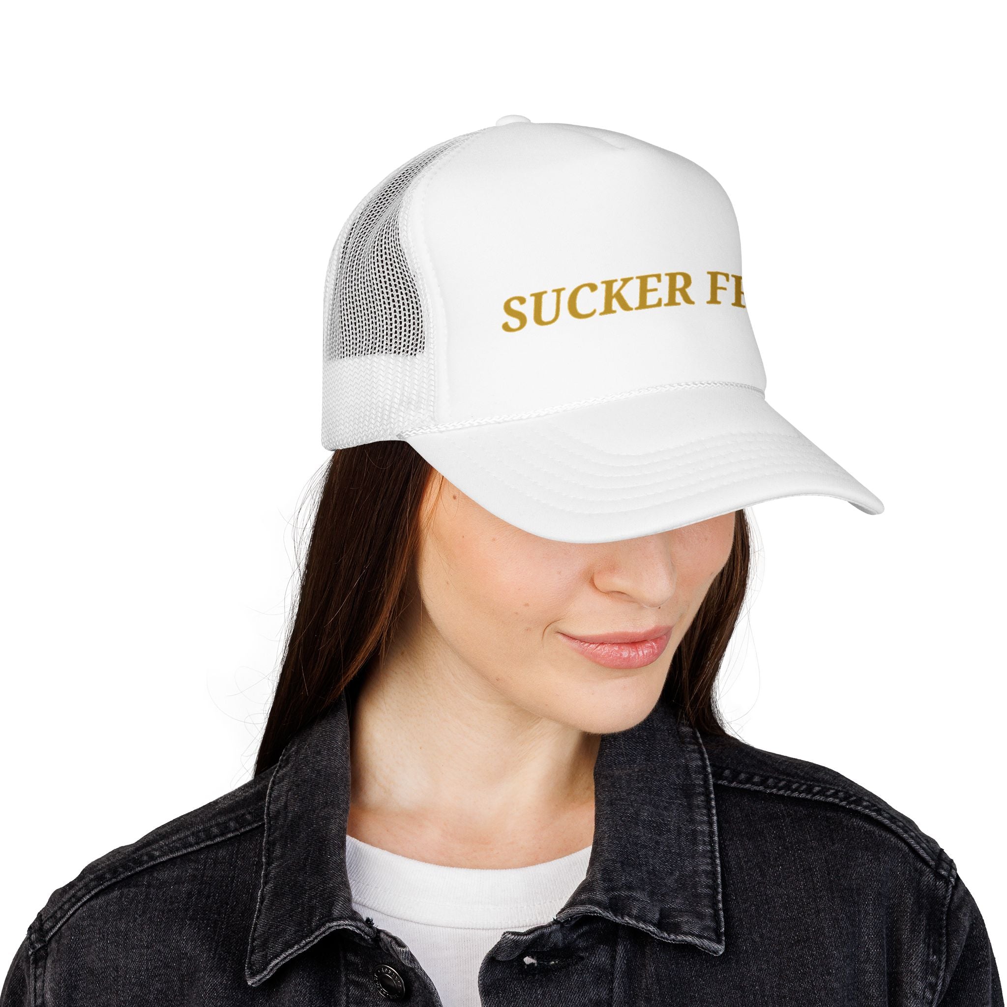 Sucker Free Trucker Hat — Vintage Gold Embroidered Foam Cap