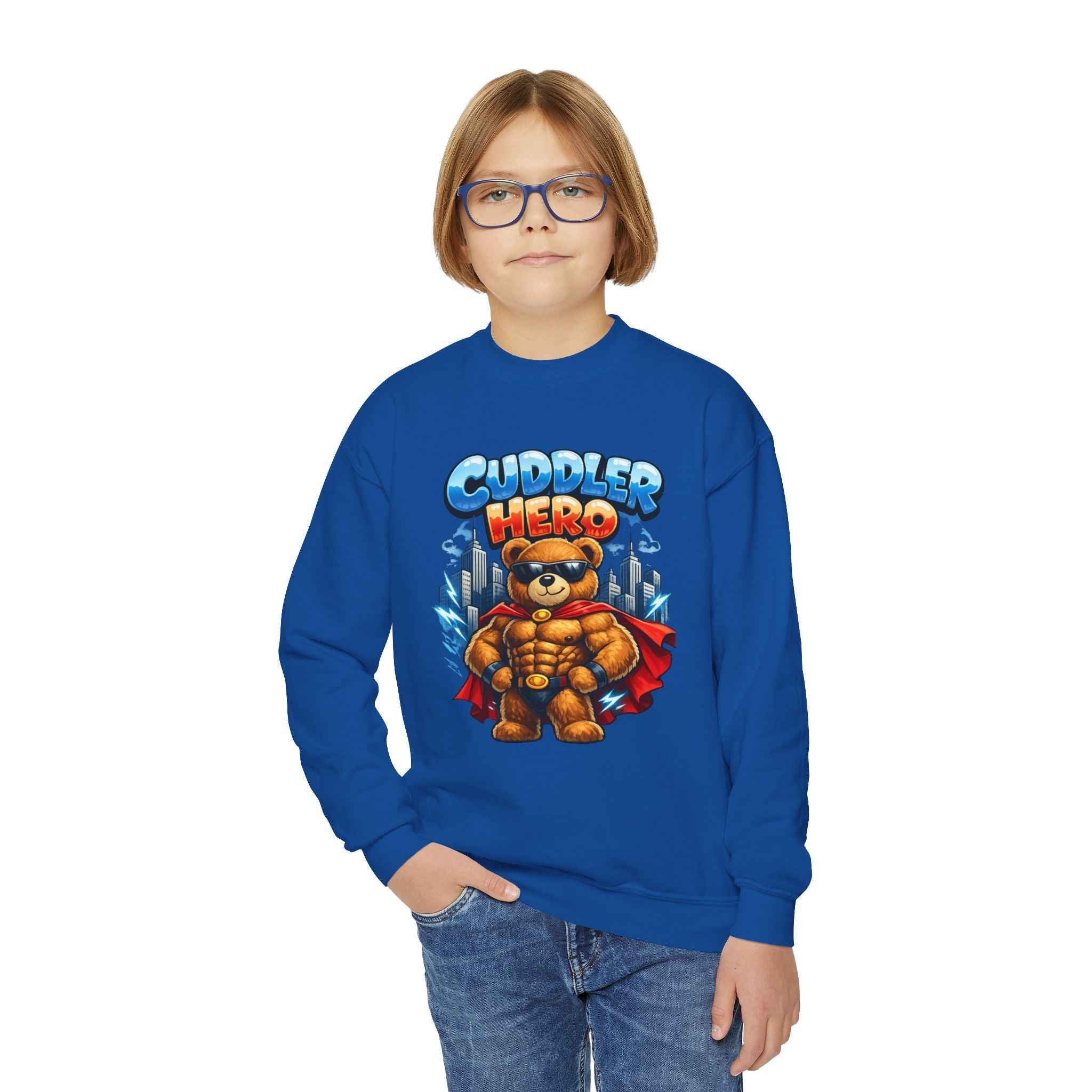 Cuddler Hero Kids Sweatshirt — Cute Superhero Teddy Crewneck