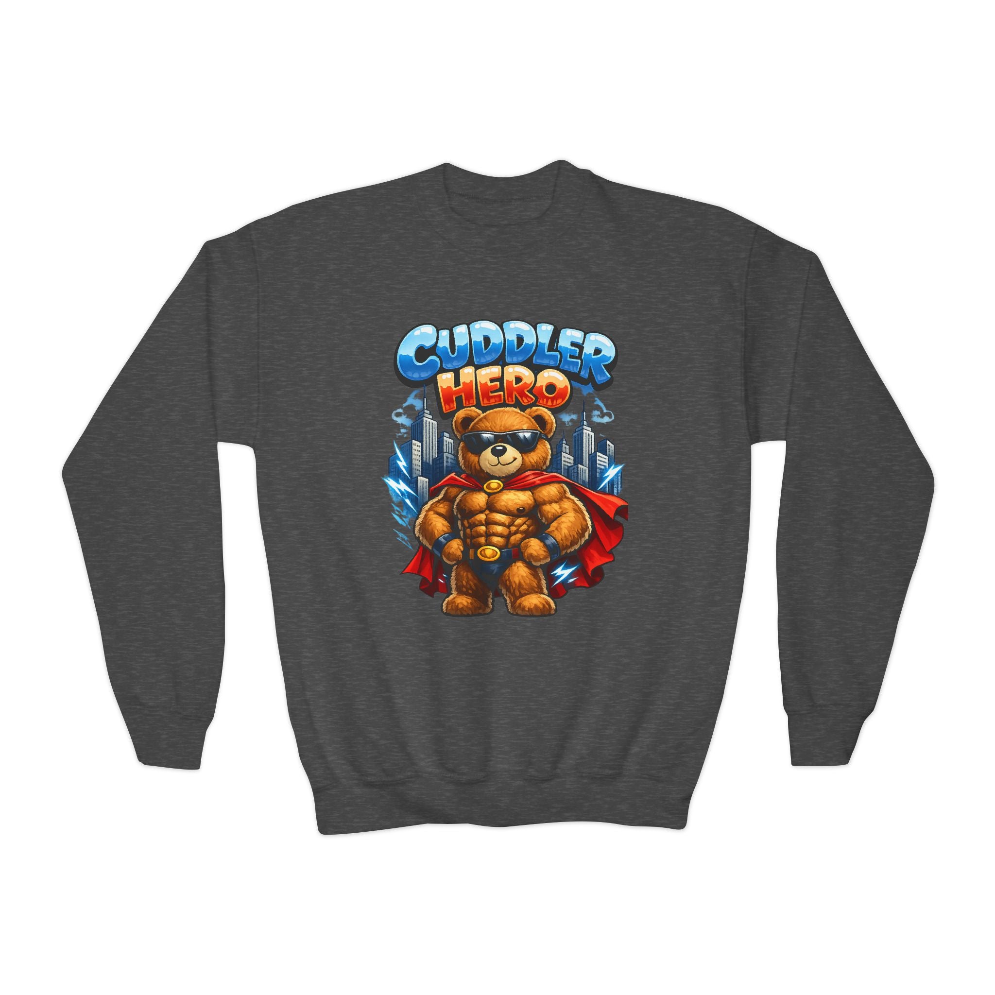 Cuddler Hero Kids Sweatshirt — Cute Superhero Teddy Crewneck