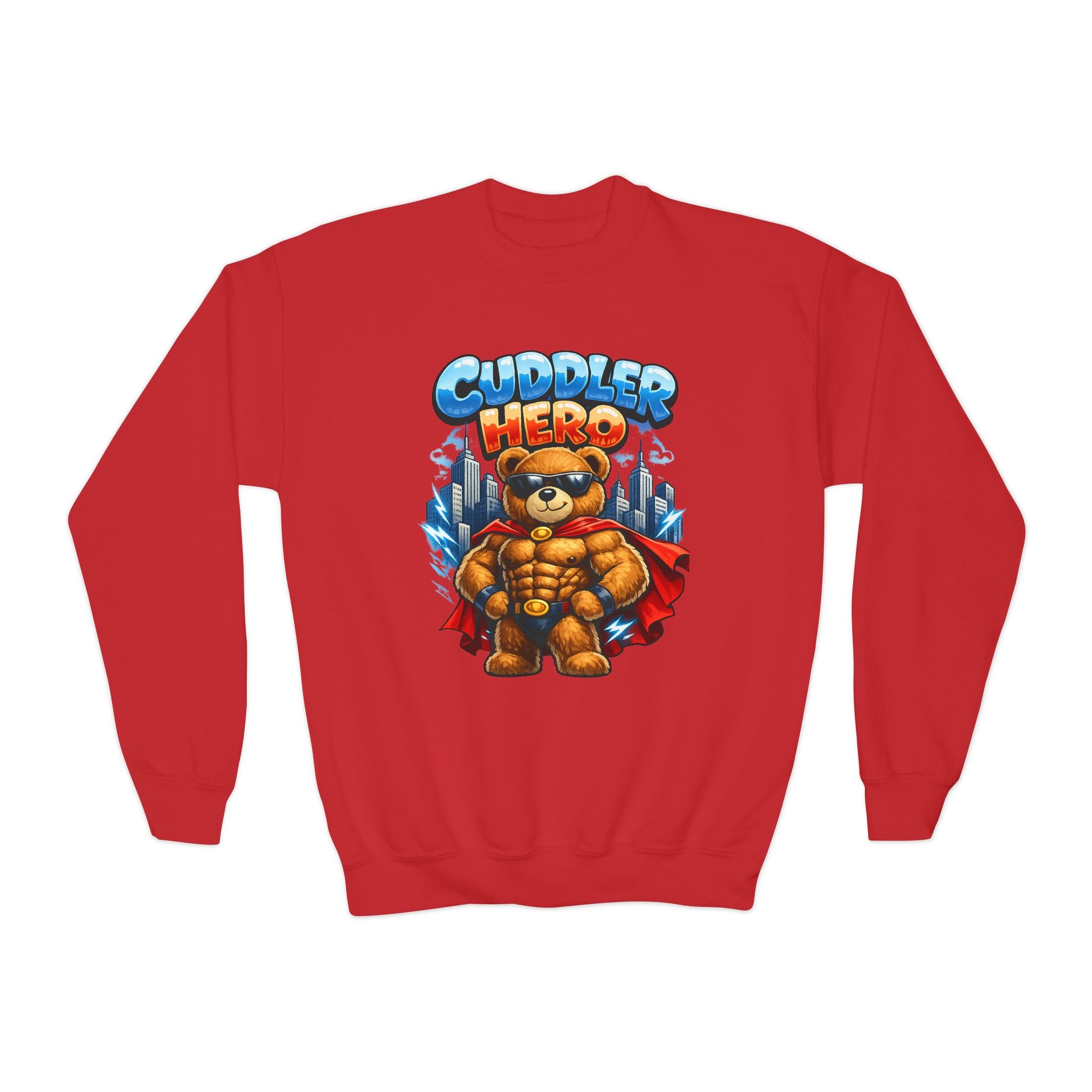 Cuddler Hero Kids Sweatshirt — Cute Superhero Teddy Crewneck