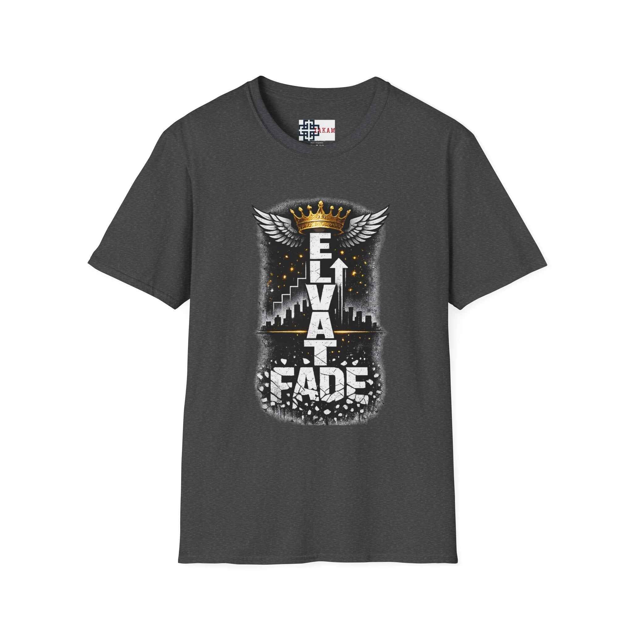 Elevate or Fade T-Shirt — Motivational Streetwear Tee with Crown & Wings