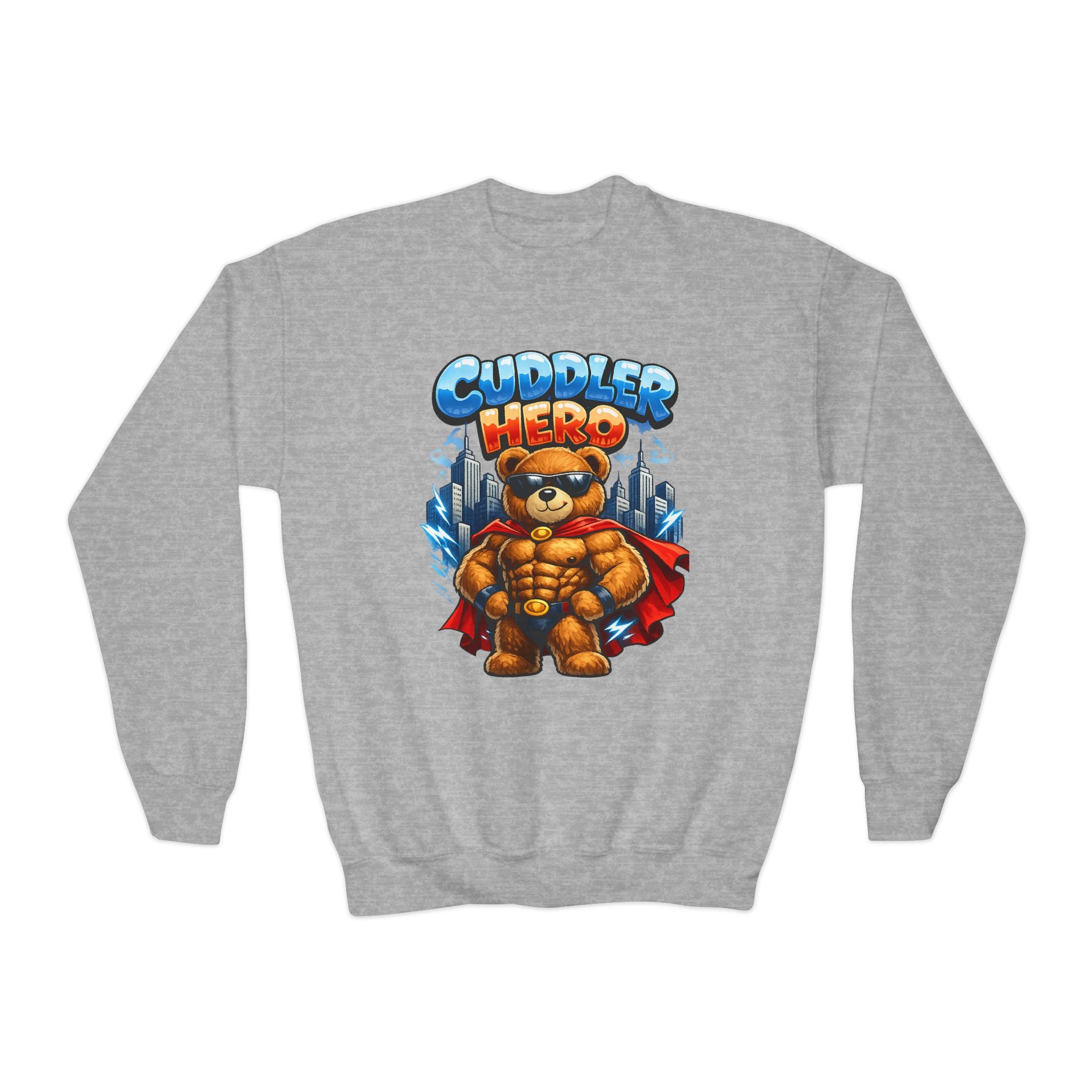 Cuddler Hero Kids Sweatshirt — Cute Superhero Teddy Crewneck