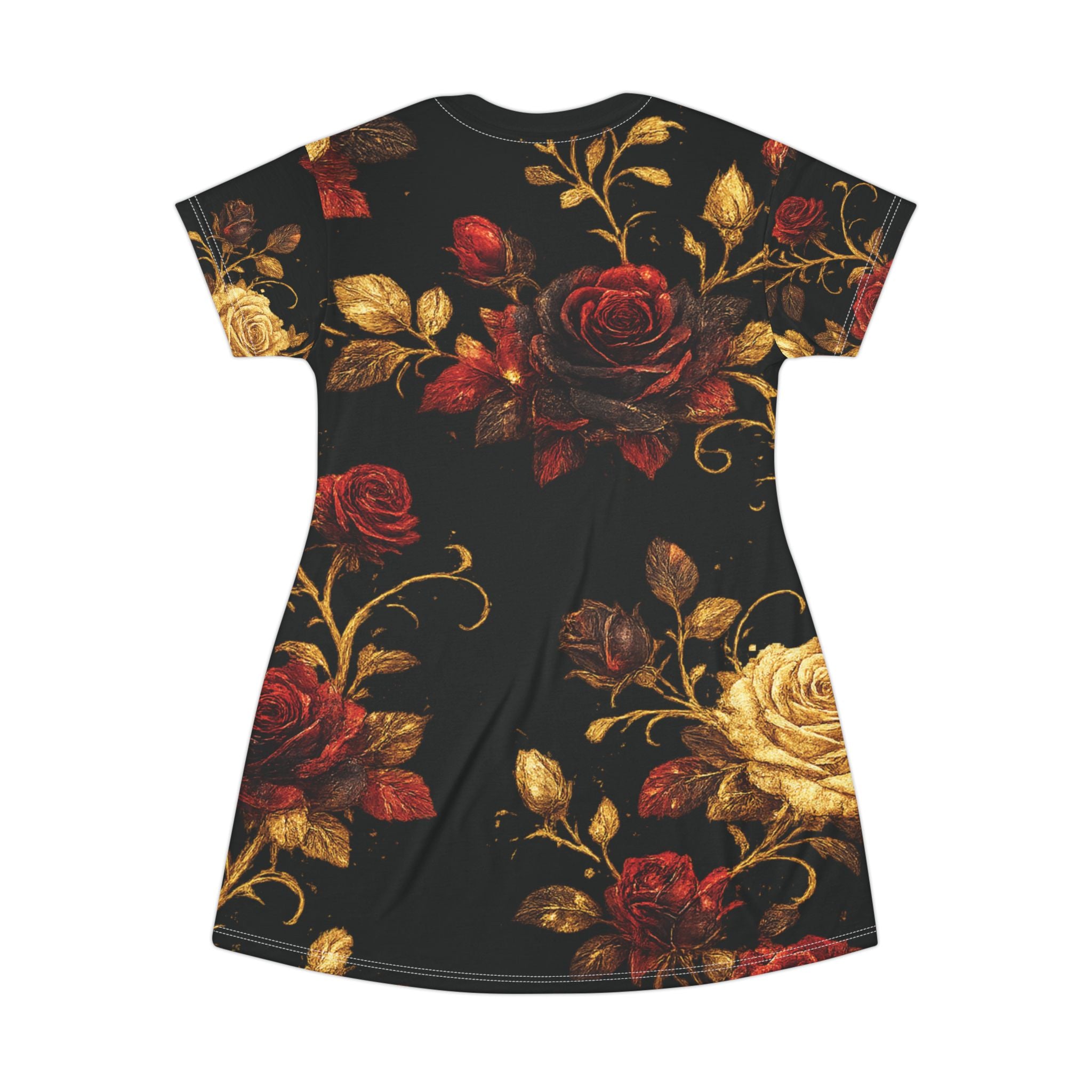 Queen Vibes Floral T‑Shirt Dress — Gold & Burgundy Roses
