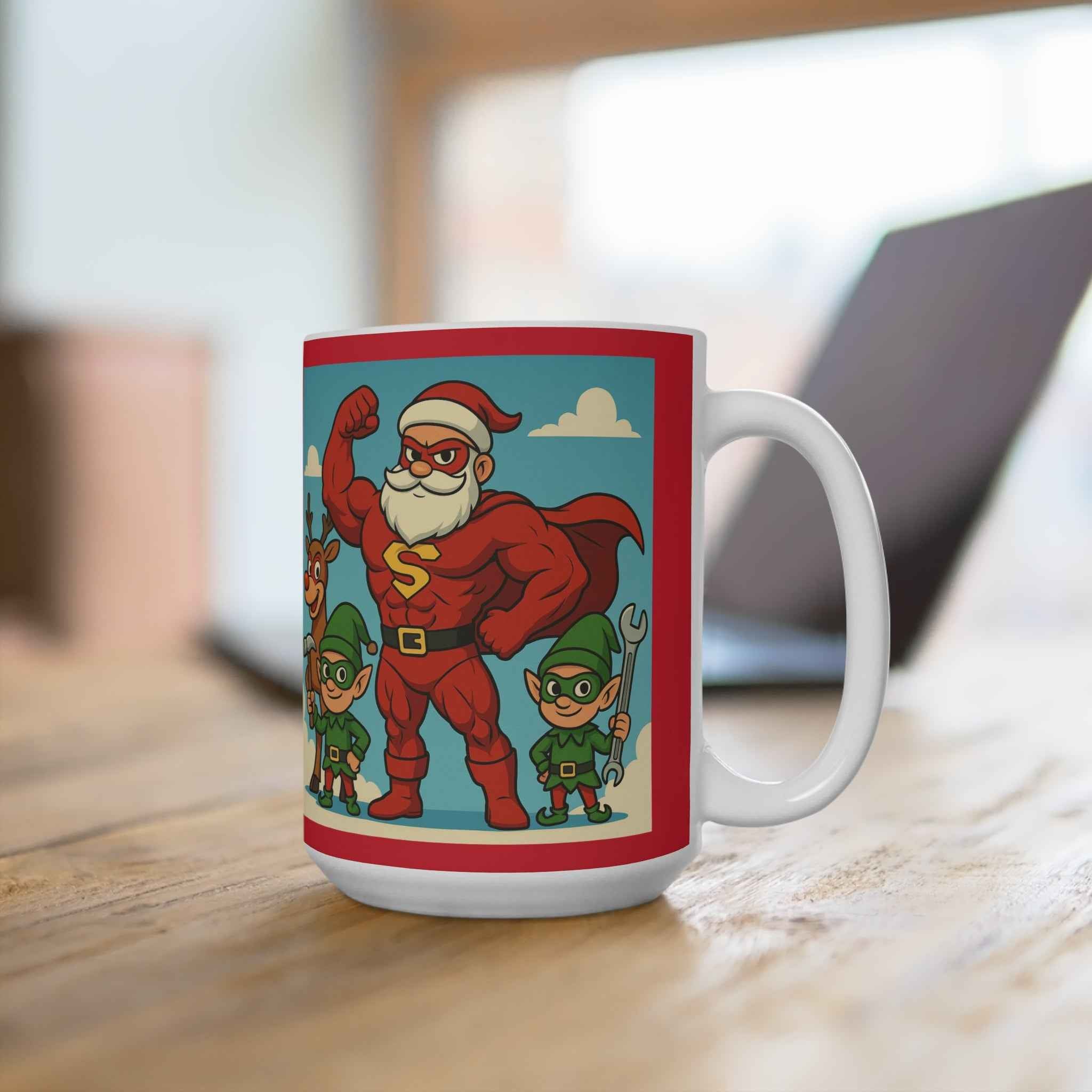 Christmas Santa Mug - Festive Superhero Santa & Elves 15oz Ceramic Coffee Cup for Holiday Cheer