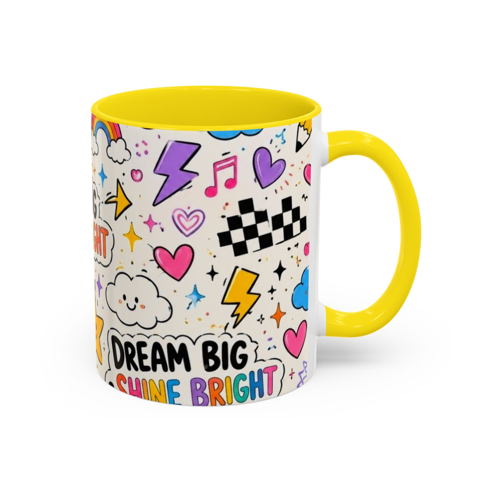 Dream Big Shine Bright Accent Mug — Inspirational Rainbow Doodle Coffee Cup