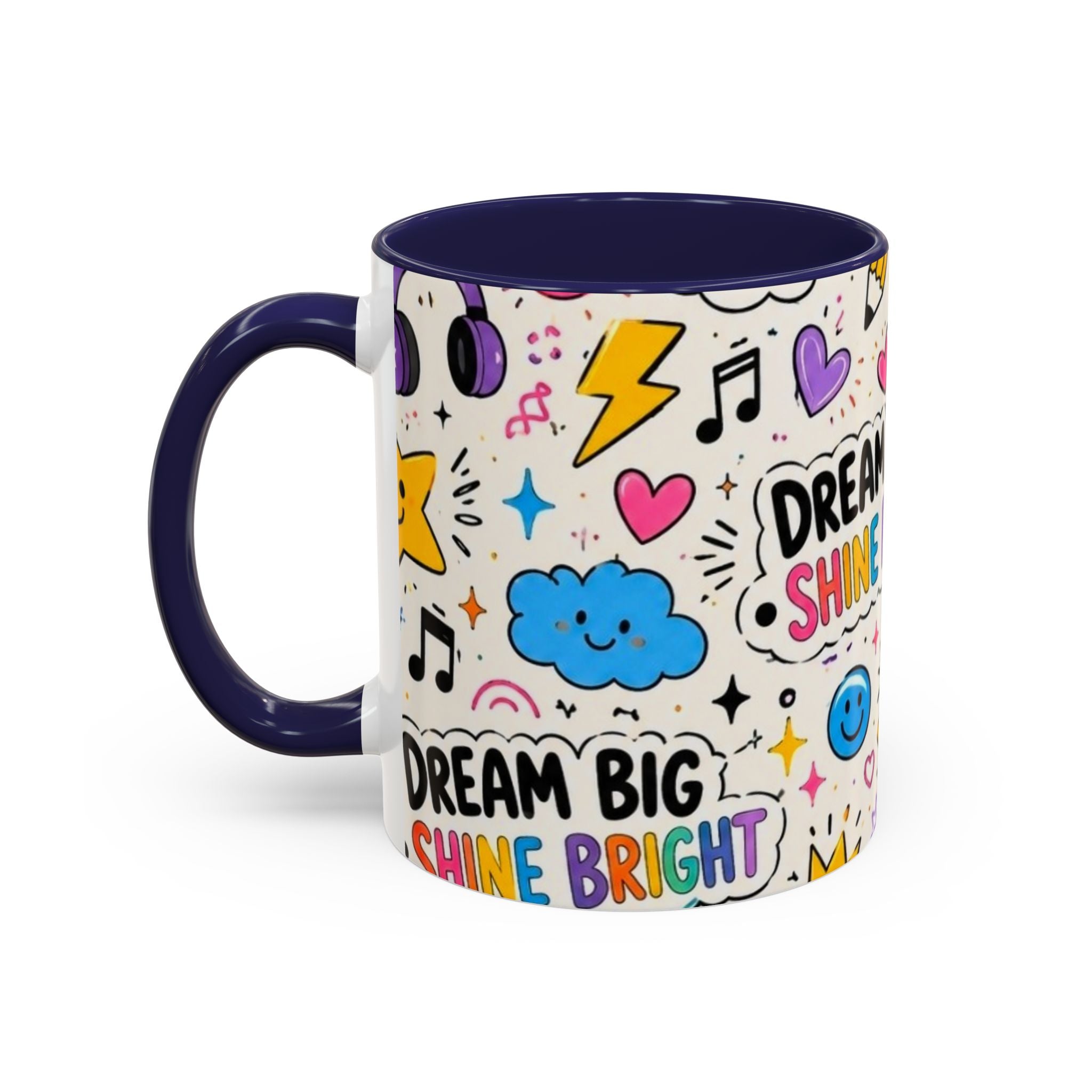Dream Big Shine Bright Accent Mug — Inspirational Rainbow Doodle Coffee Cup
