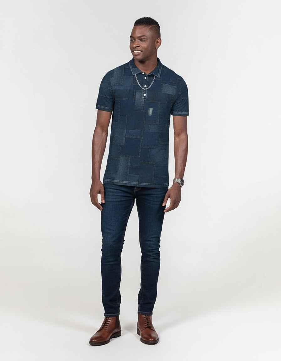 DENIM Men's All-Over Print Slim Fit Short Sleeve Polo