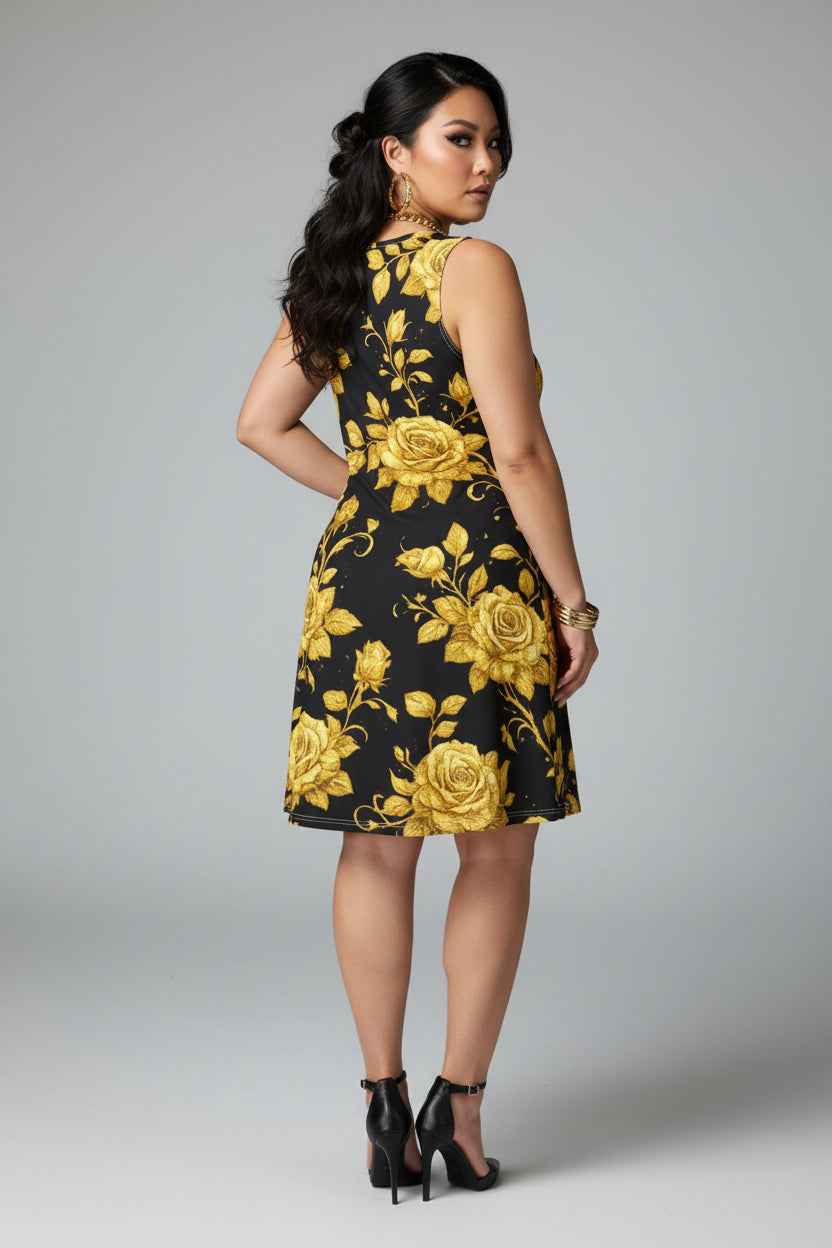 Golden Rose Sleeveless A-Line Dress — Floral Casual Summer Dress