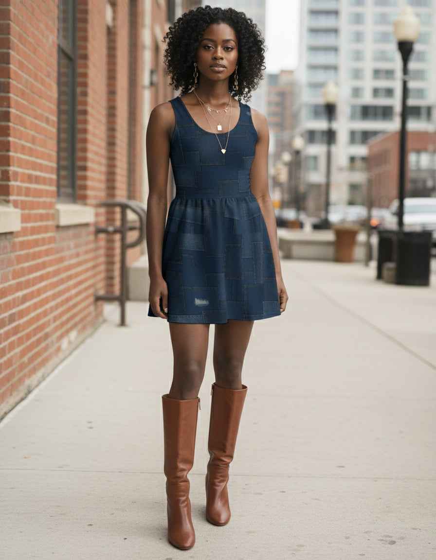 Denim Patch Womens Scoop Neck Skater Dress
