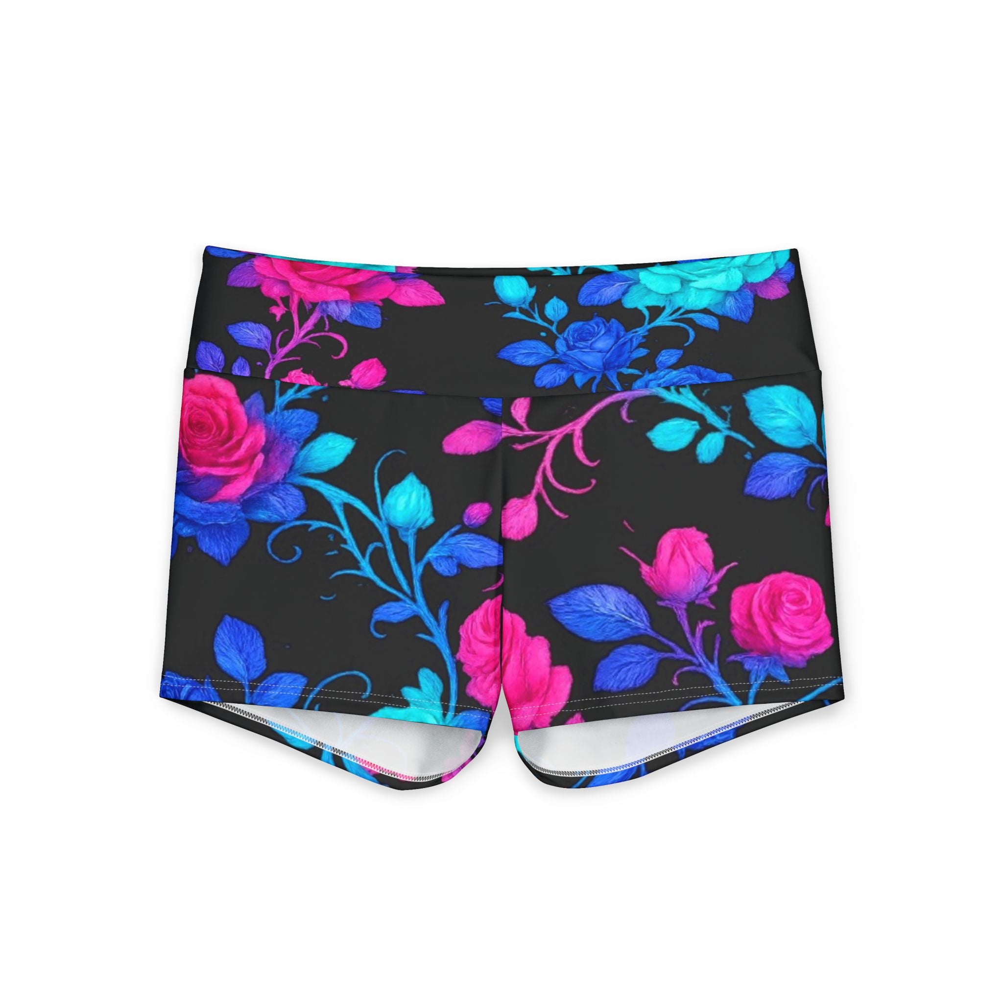 Neon Floral Yoga Shorts — Women's High-Waist Athletic Hotpants