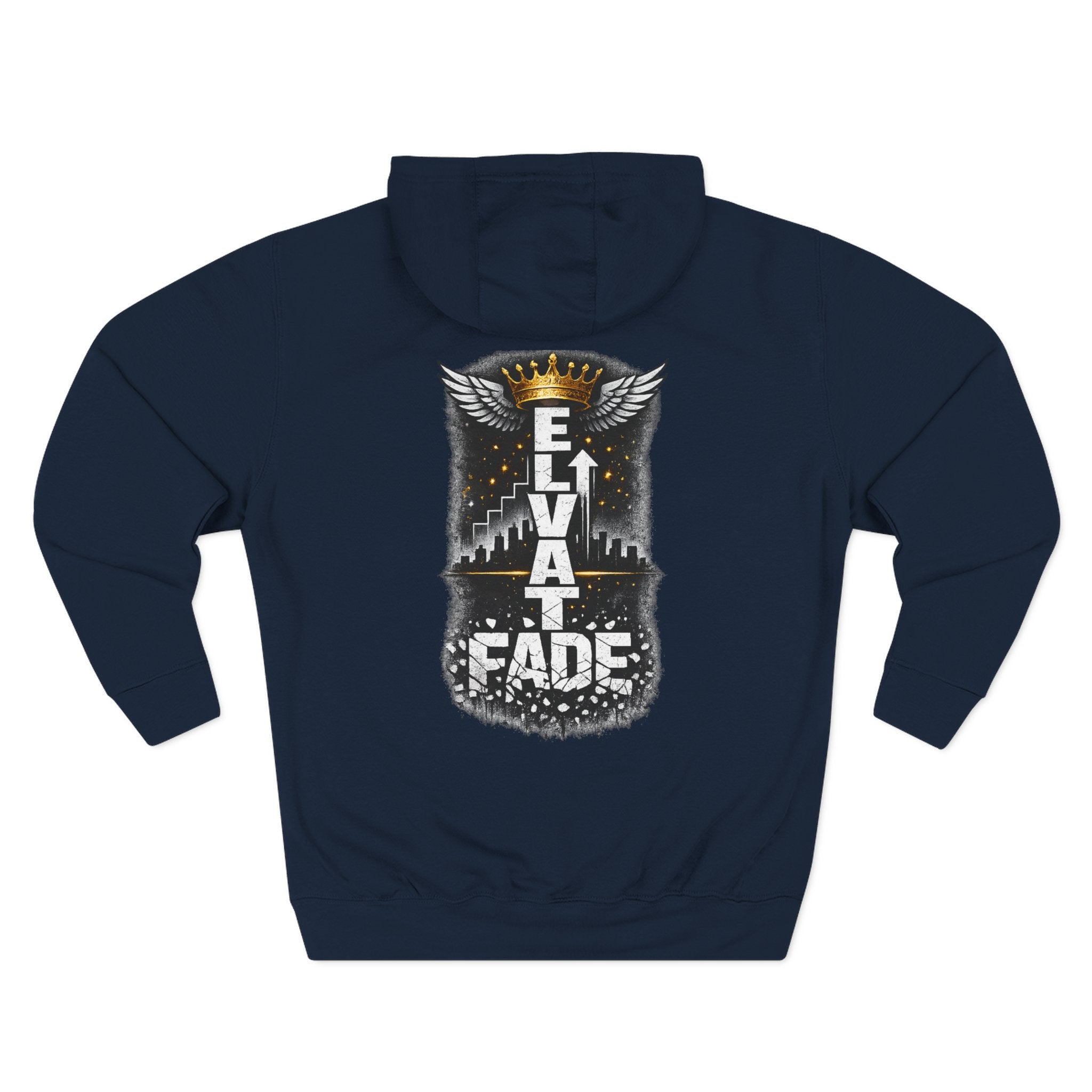 Elevate or Fade Hoodie - Urban Graphic Fleece Pullover with Crown and Wings Design for Stylish Comfort